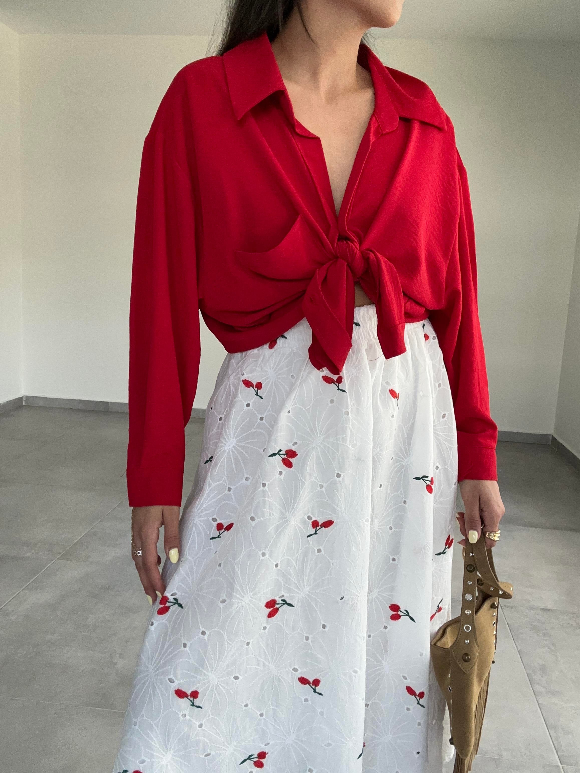 Kırmızı Ayrobin Cepli Oversize Gömlek