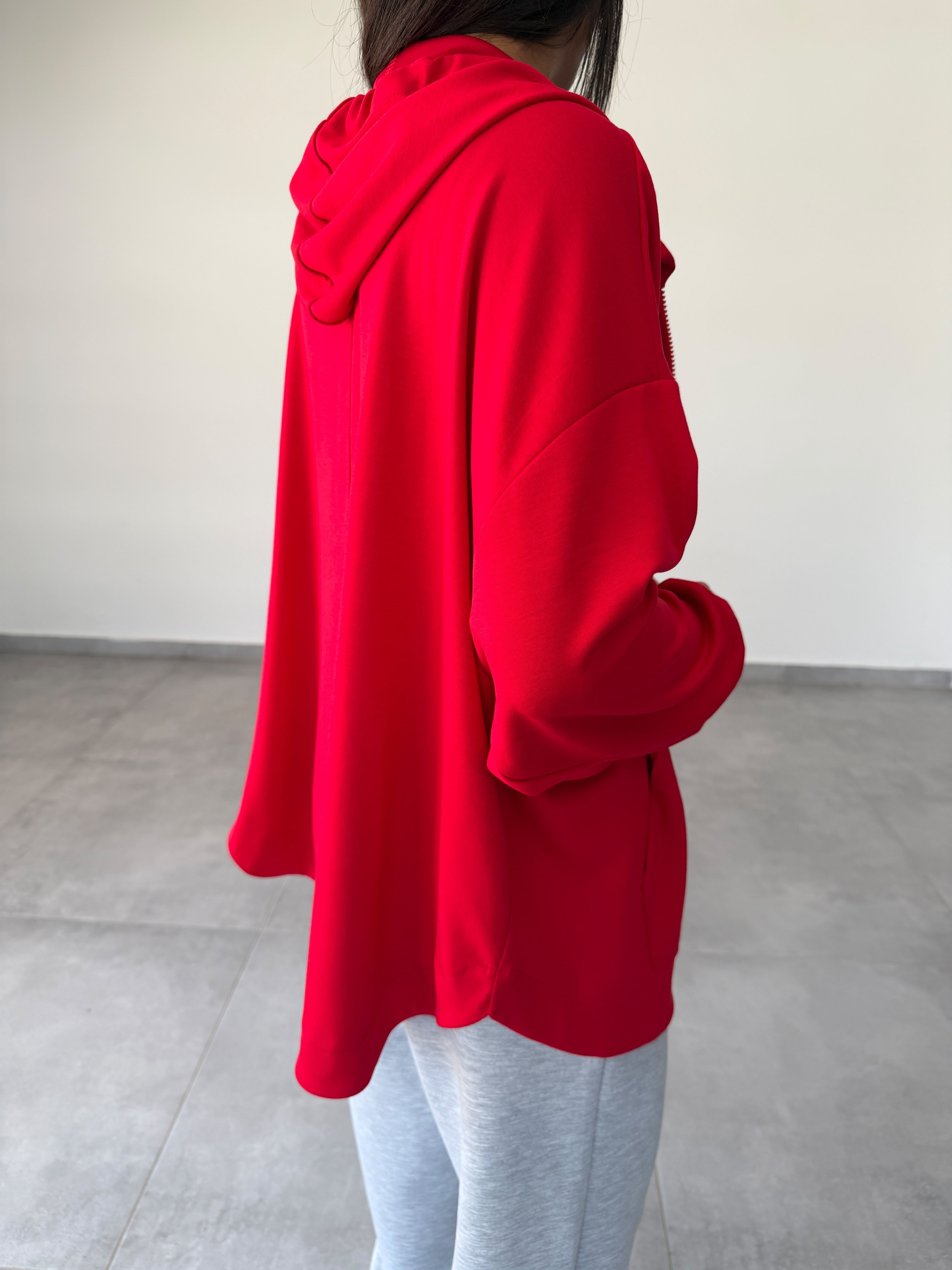 Kırmızı Kapüşonlu Fermuarlı Rahat Kesim Sweatshirt