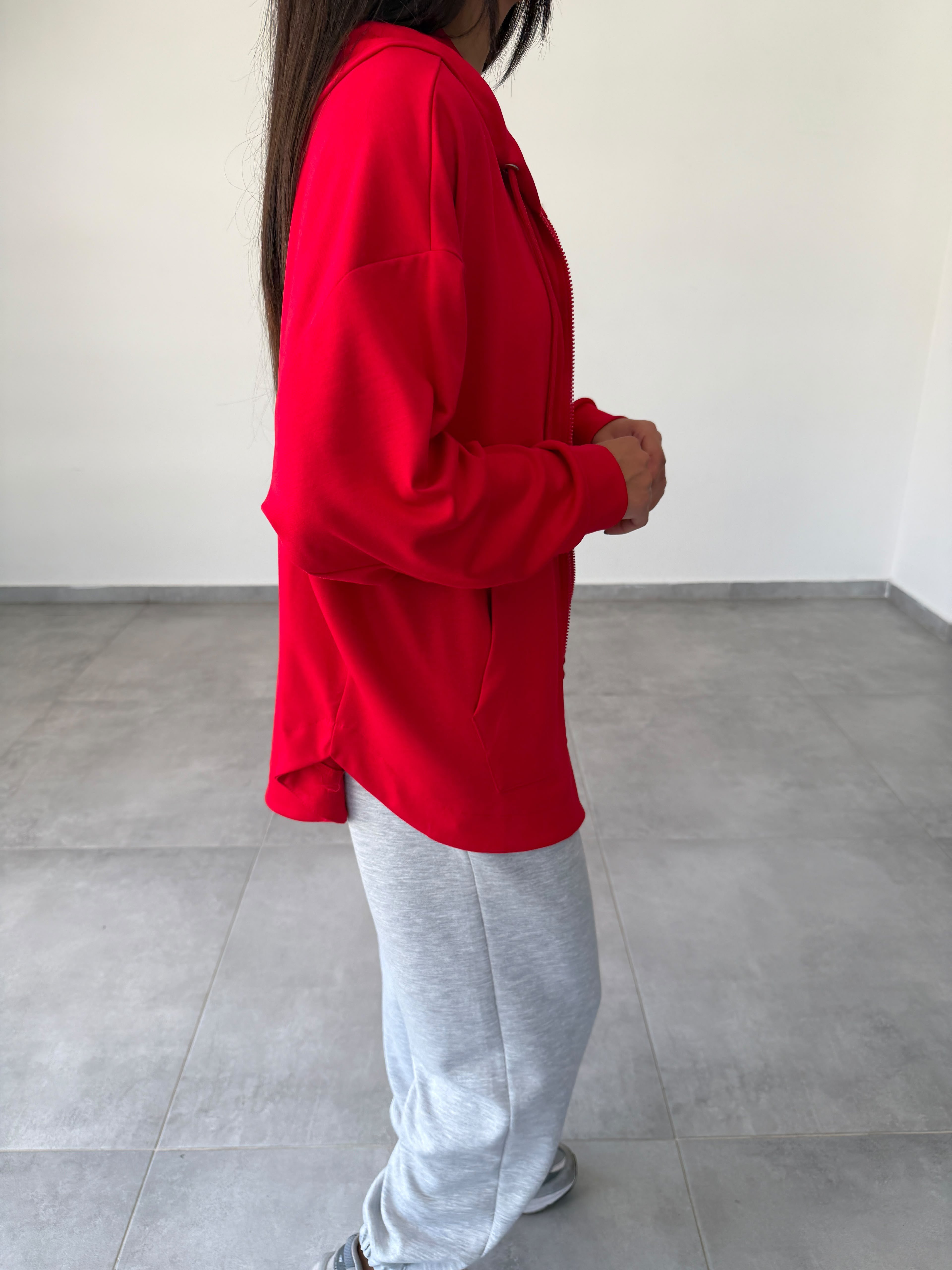 Kırmızı Kapüşonlu Fermuarlı Rahat Kesim Sweatshirt