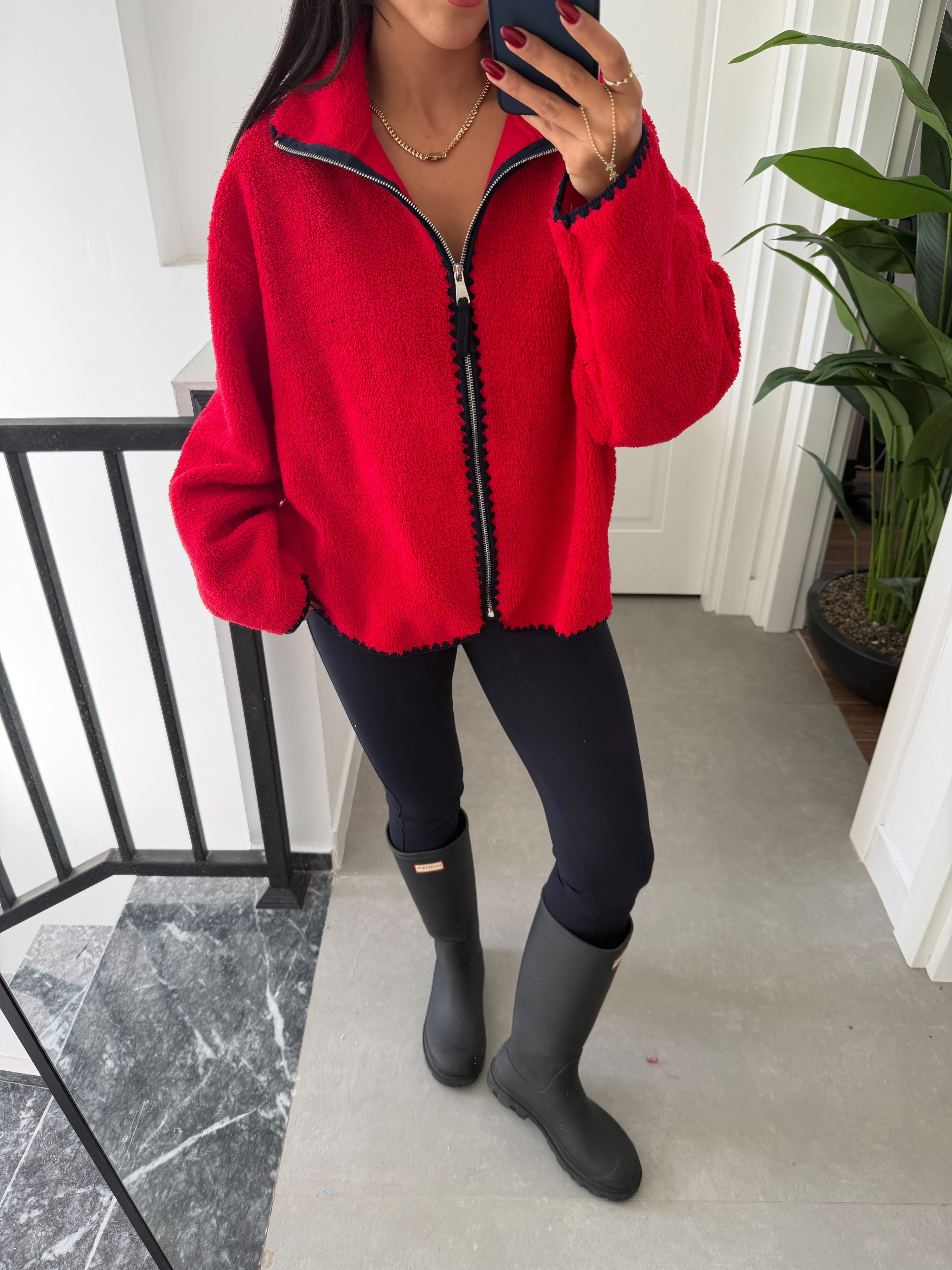 Kırmızı Lacivert Çoban Dikiş Polar Sweat