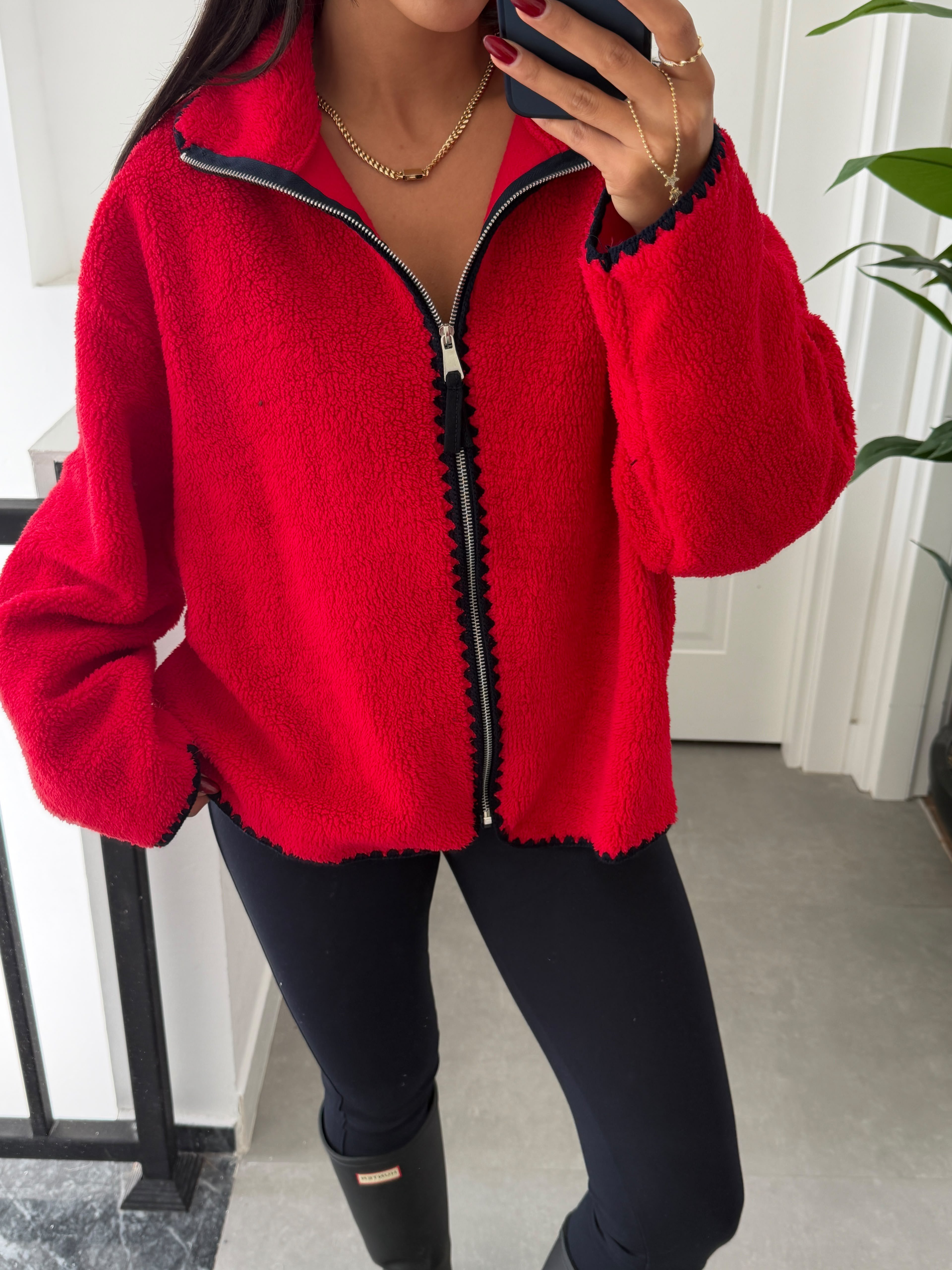 Kırmızı Lacivert Çoban Dikiş Polar Sweat