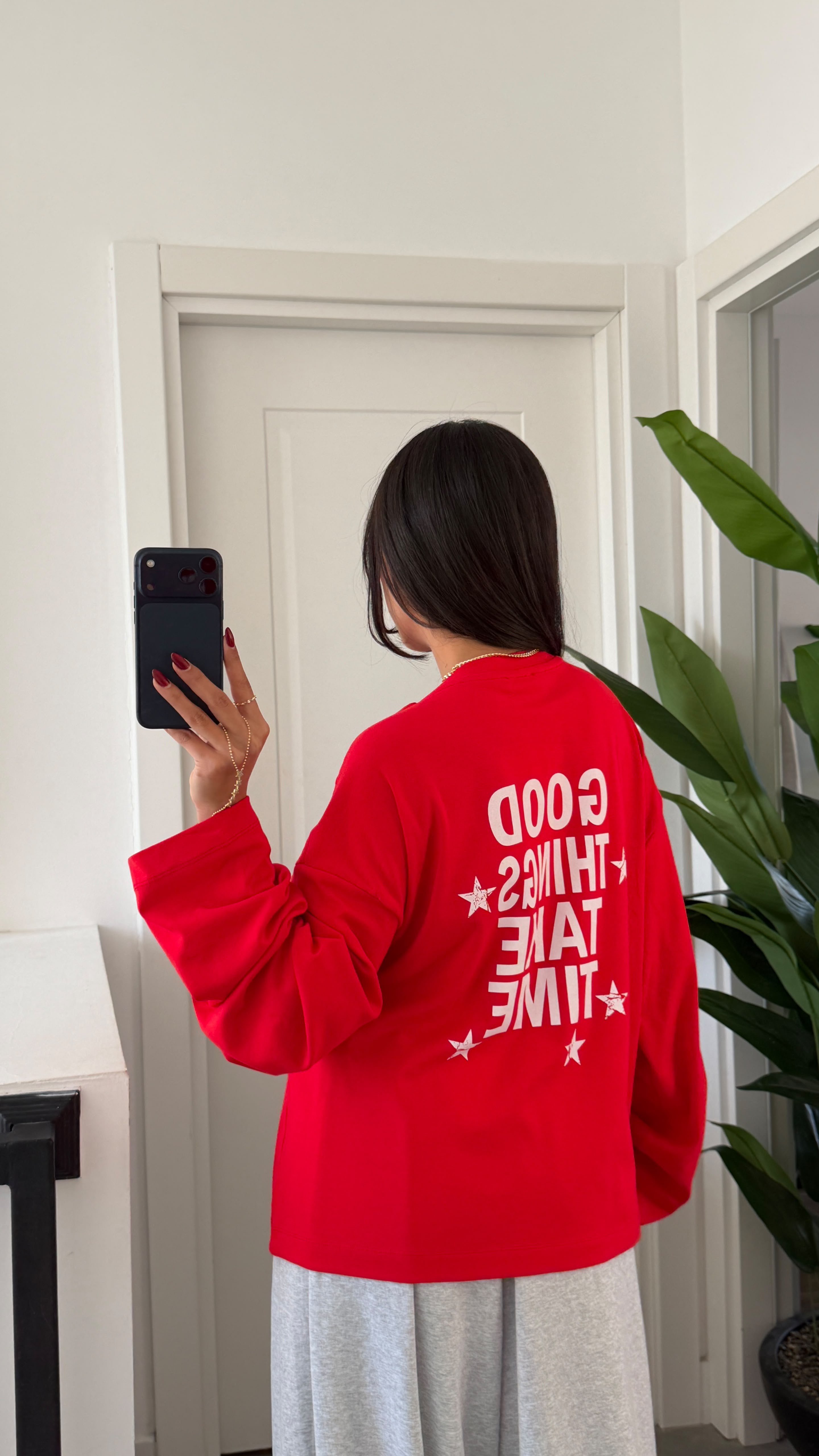 Kırmızı Sırt Baskılı Uzun Kollu Basic Tshirt