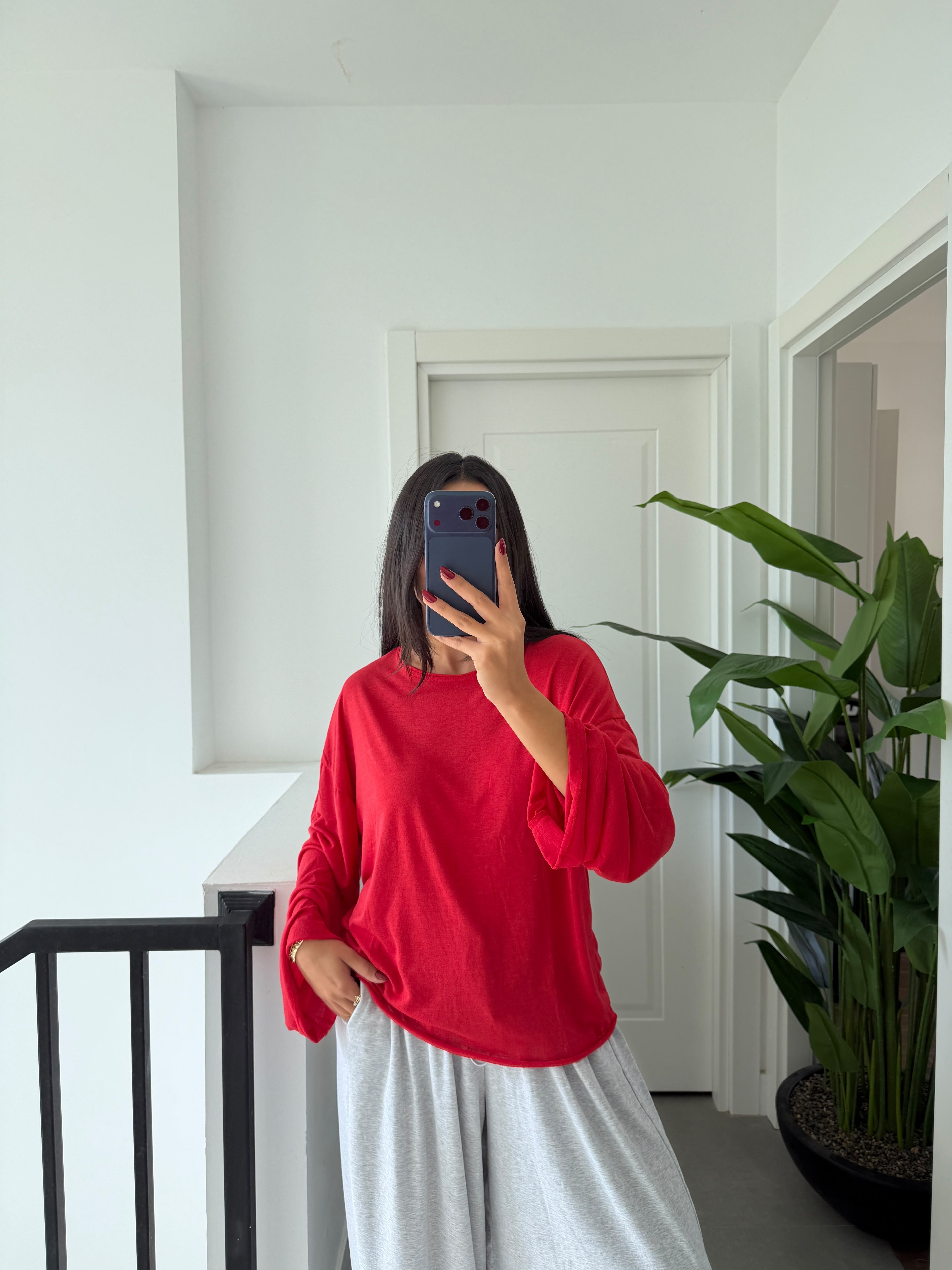 Kırmızı Transparan Uzun Kollu Basic Tshirt