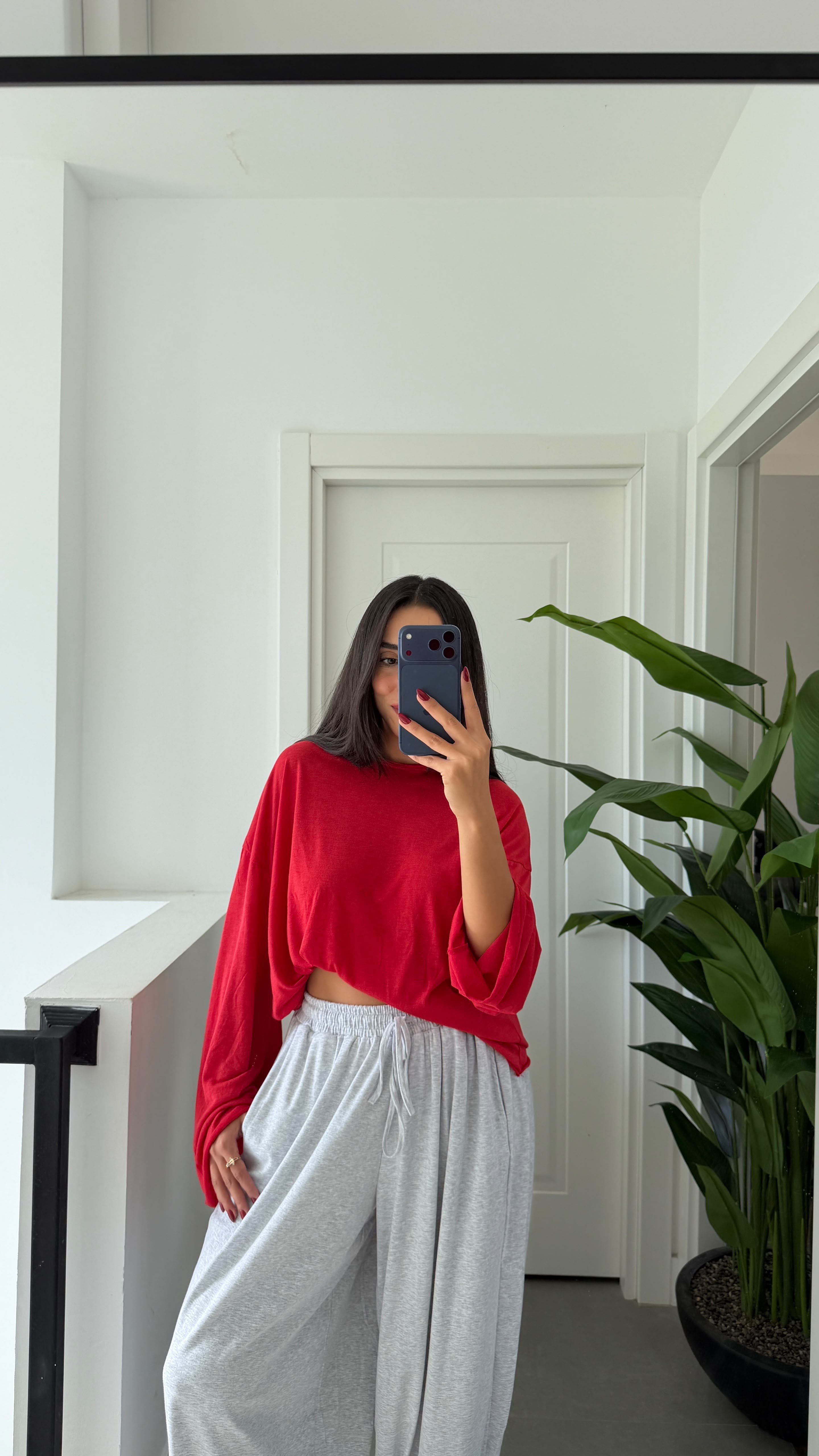 Kırmızı Transparan Uzun Kollu Basic Tshirt