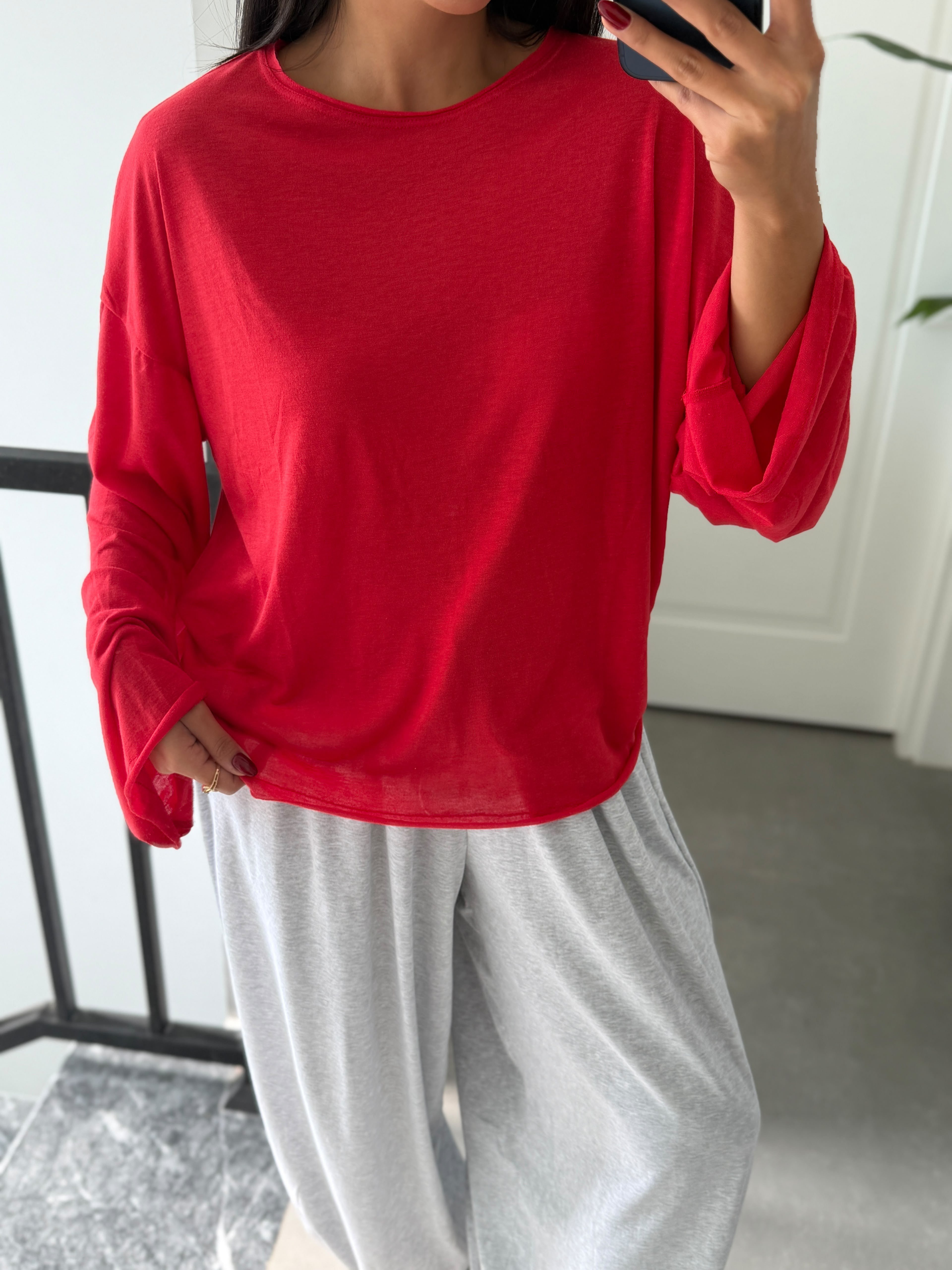 Kırmızı Transparan Uzun Kollu Basic Tshirt
