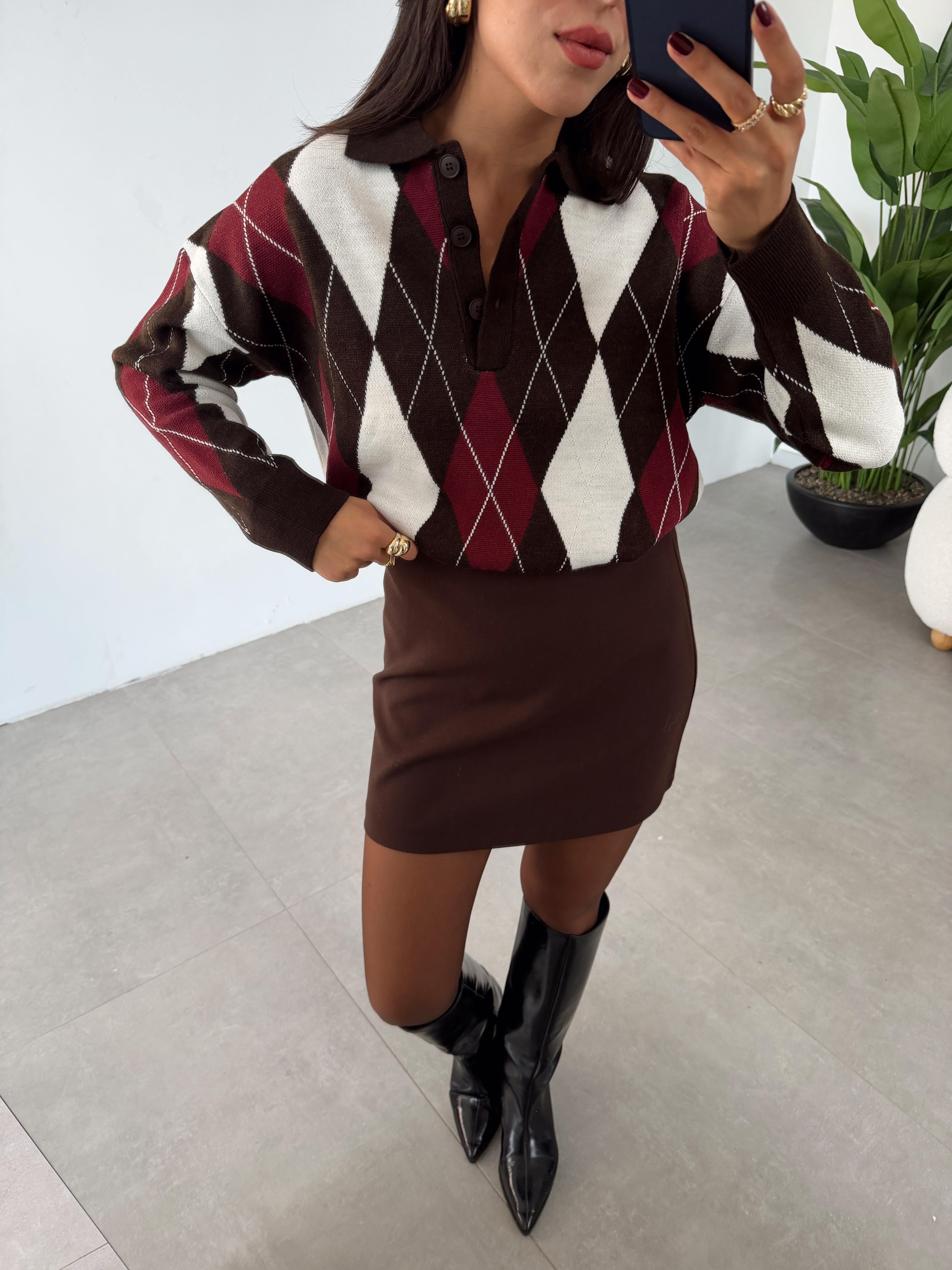 Koyu Kahve Baklava Desen Kazak