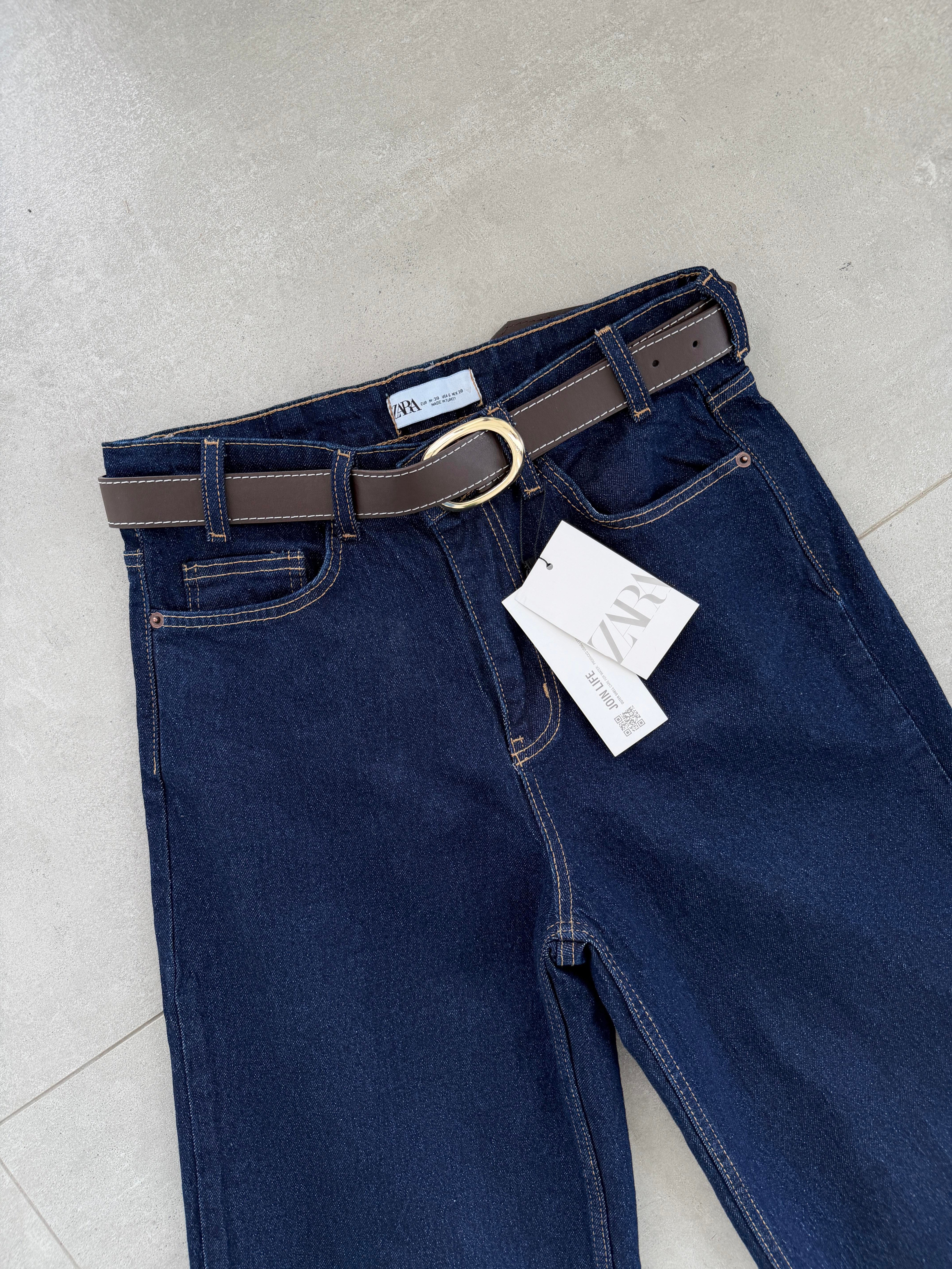 Koyu Mavi Wideleg Likralı Kemerli Pantolon