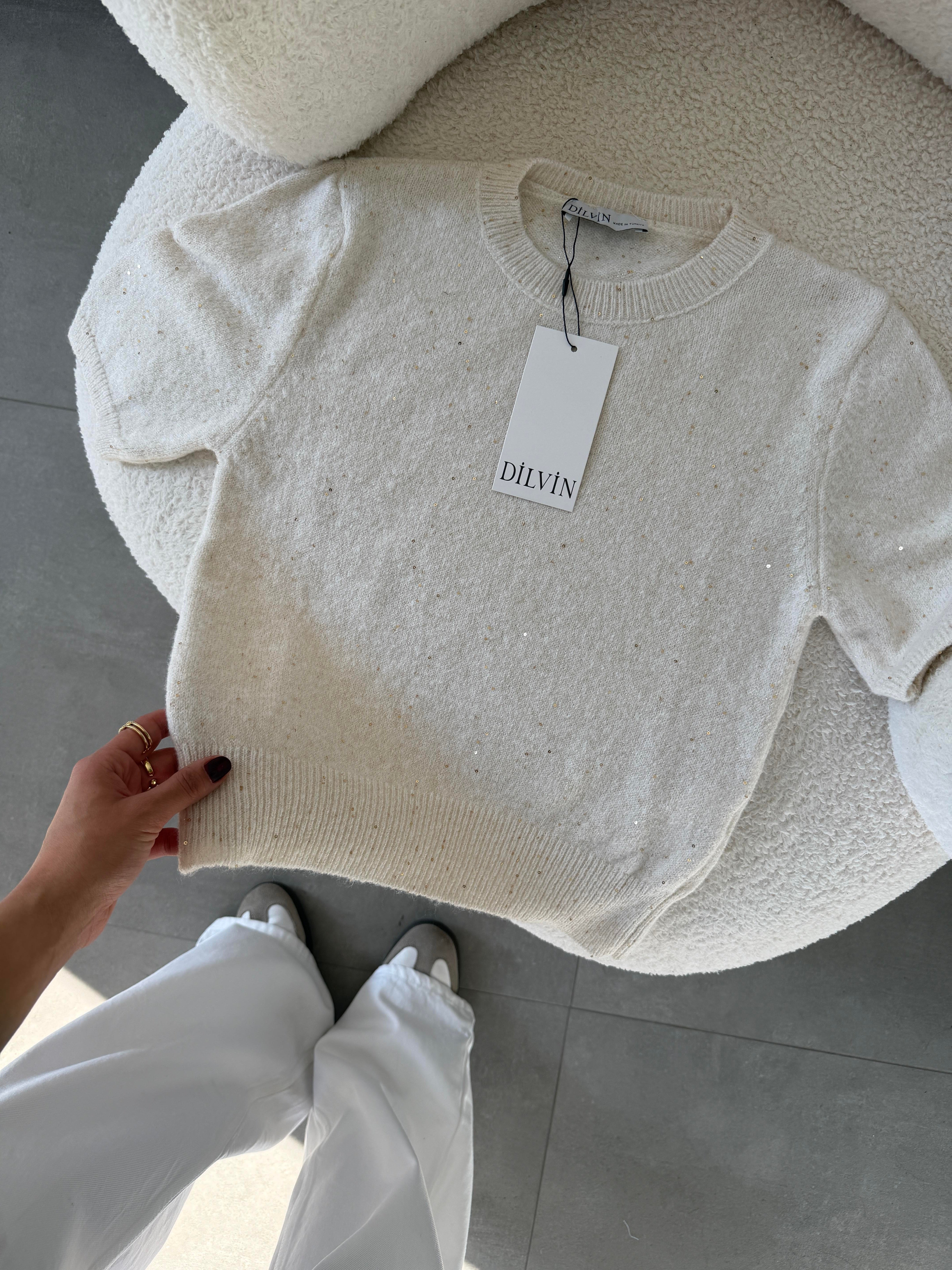 Krem Bisiklet Yaka Pullu Simli Triko