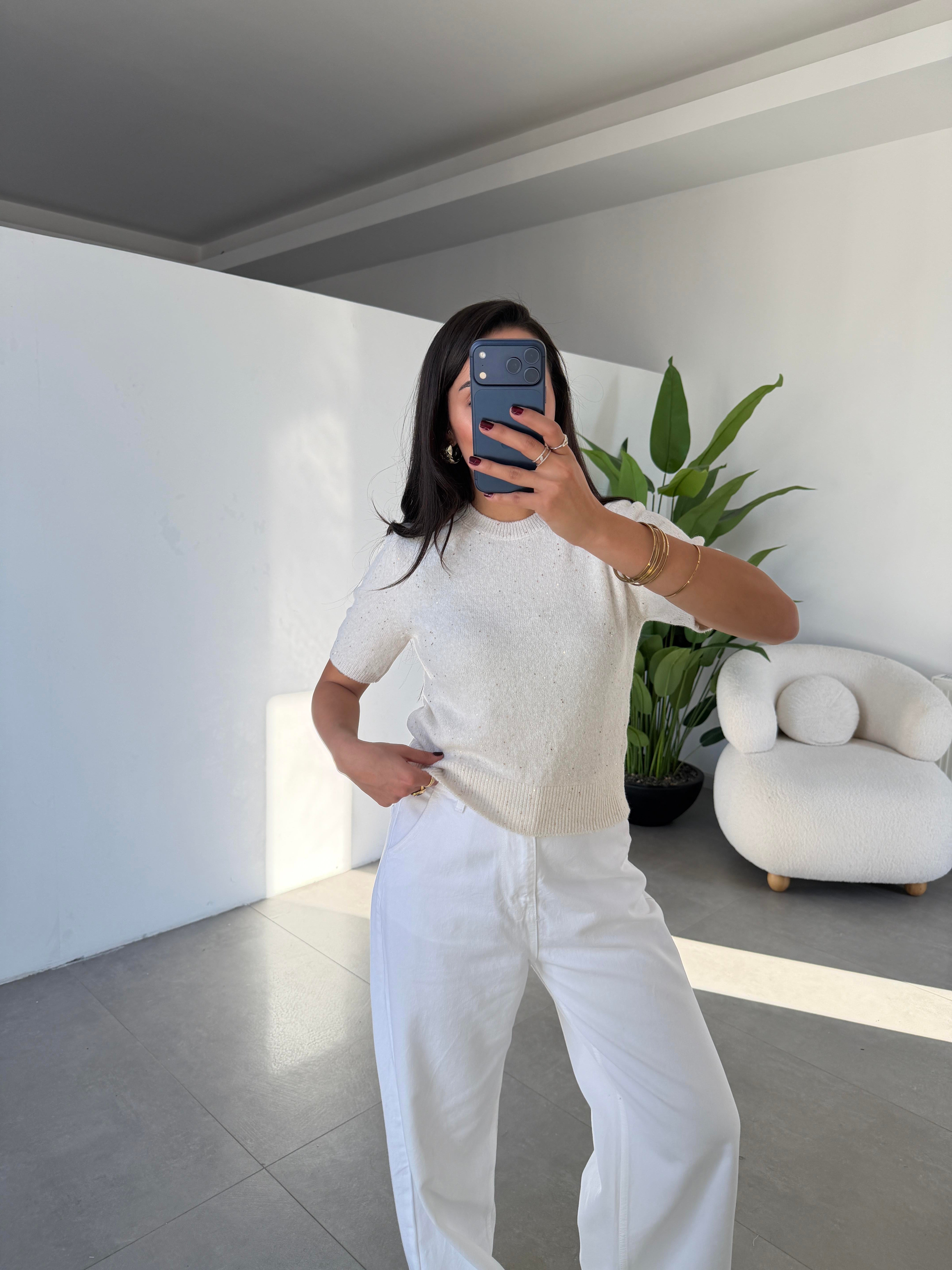 Krem Bisiklet Yaka Pullu Simli Triko