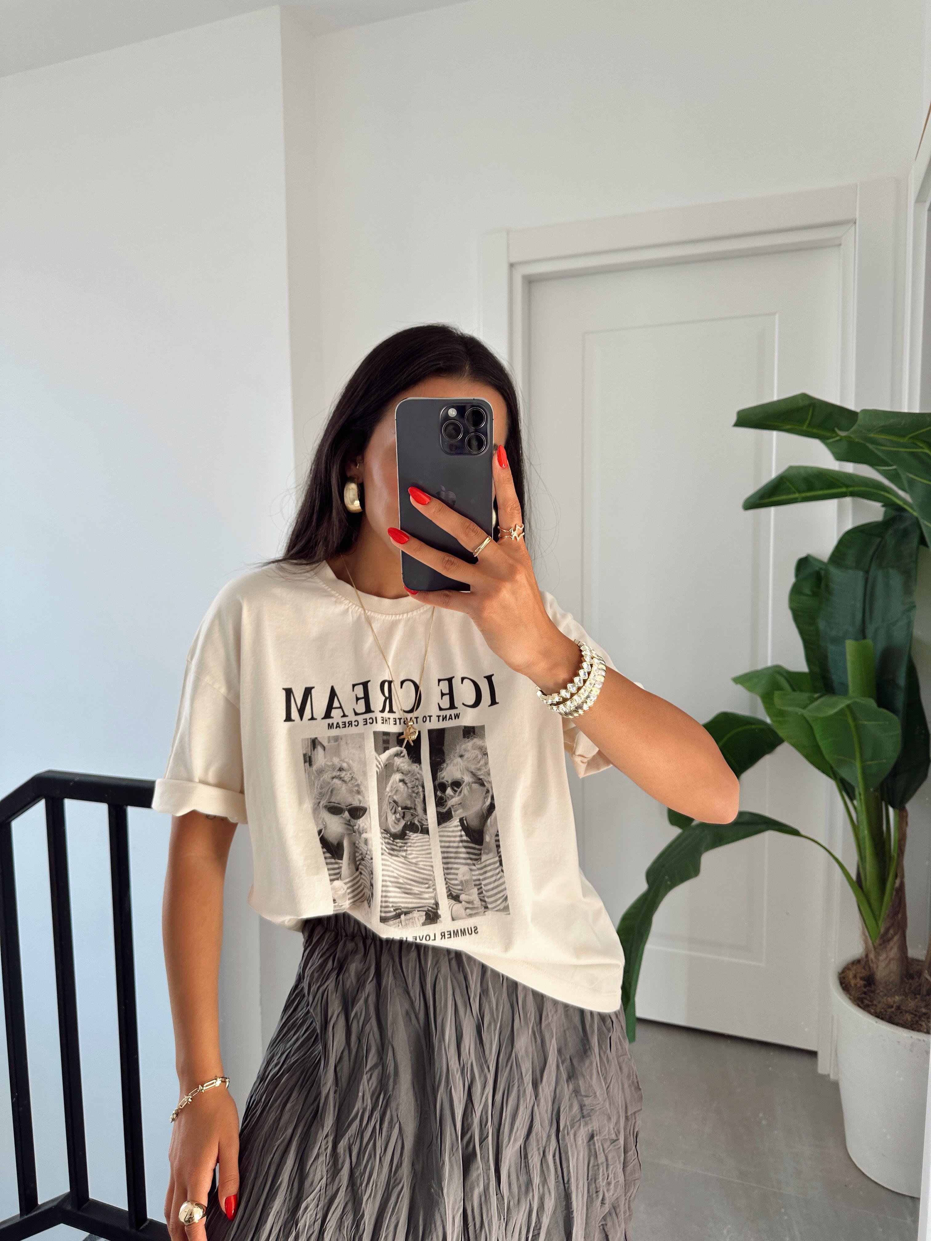Krem Ice Cream Baskılı Tshirt