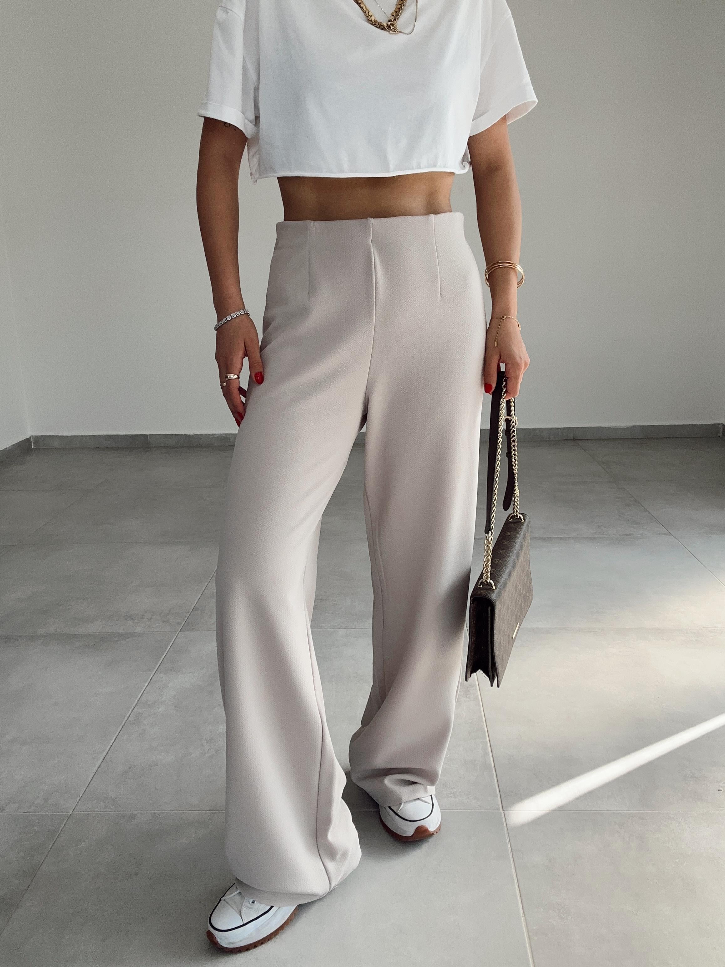 Krep Kemersiz Bej Palazzo Pantolon