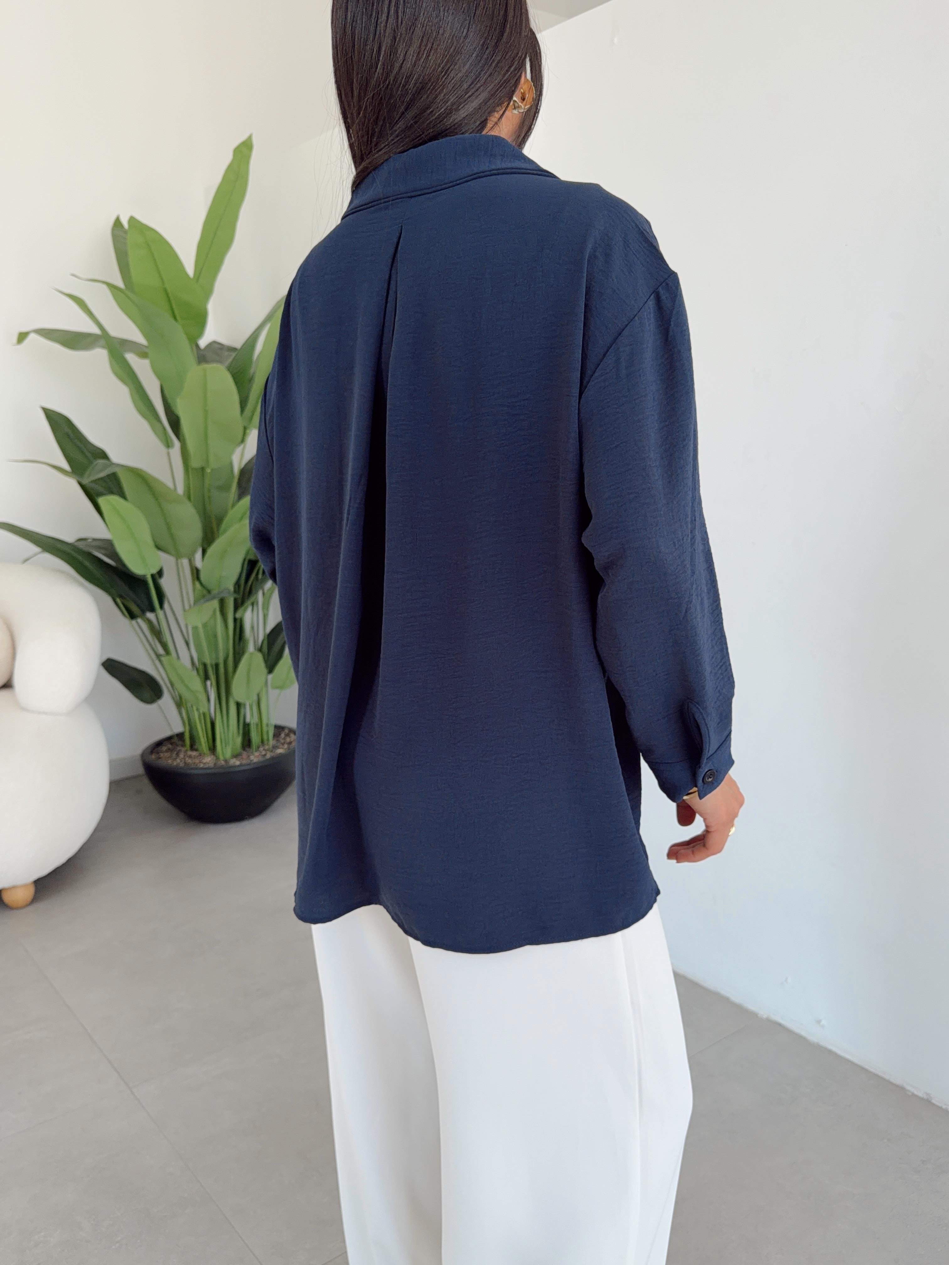 Lacivert Ayrobin Cepli Oversize Gömlek