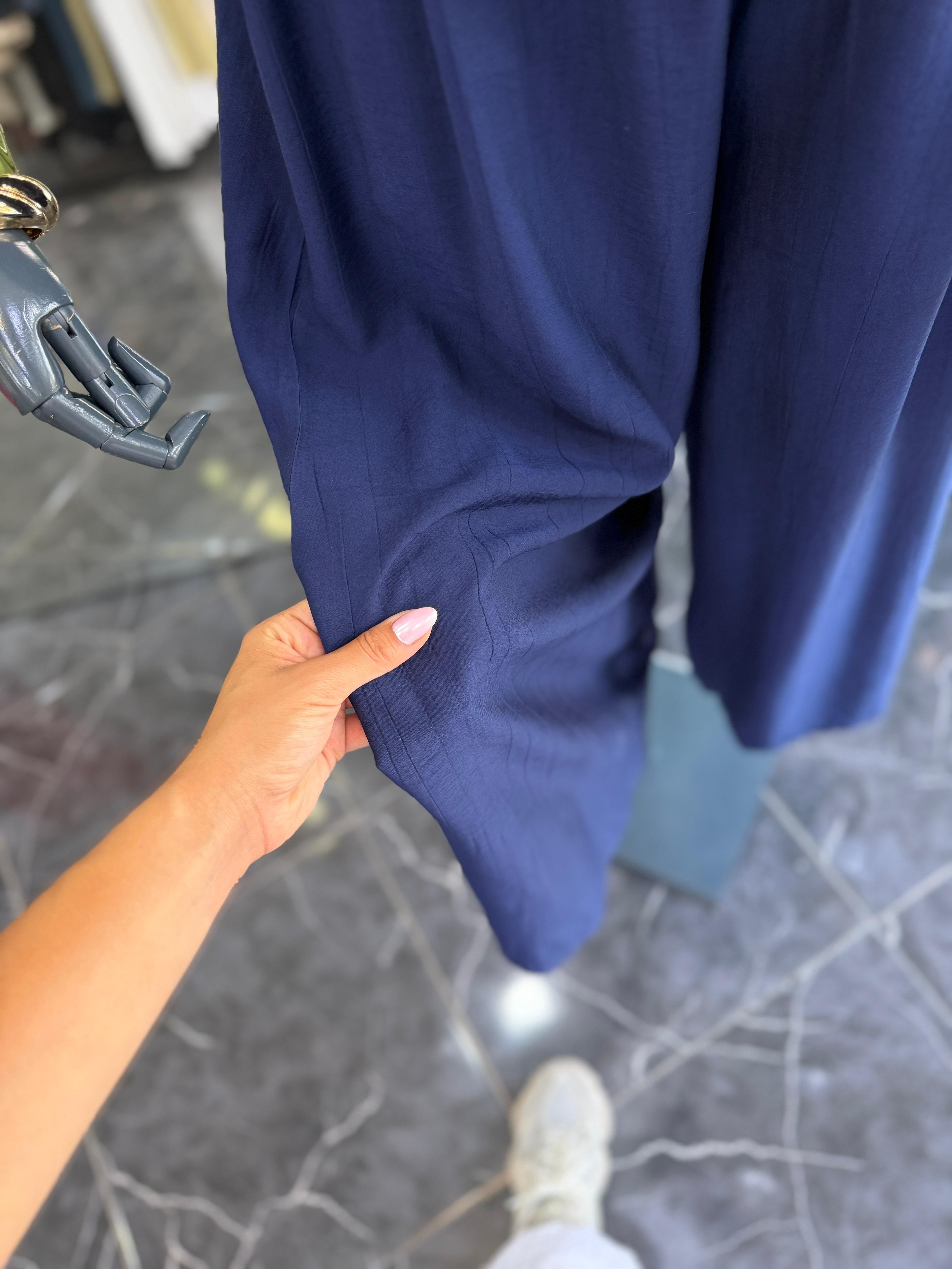 Lacivert Beli Lastikli Su Taşı Detaylı Pantolon