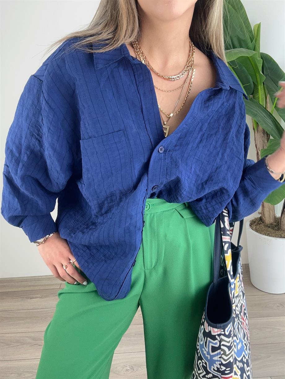 Lacivert Dikiş Detaylı Oversize Gömlek