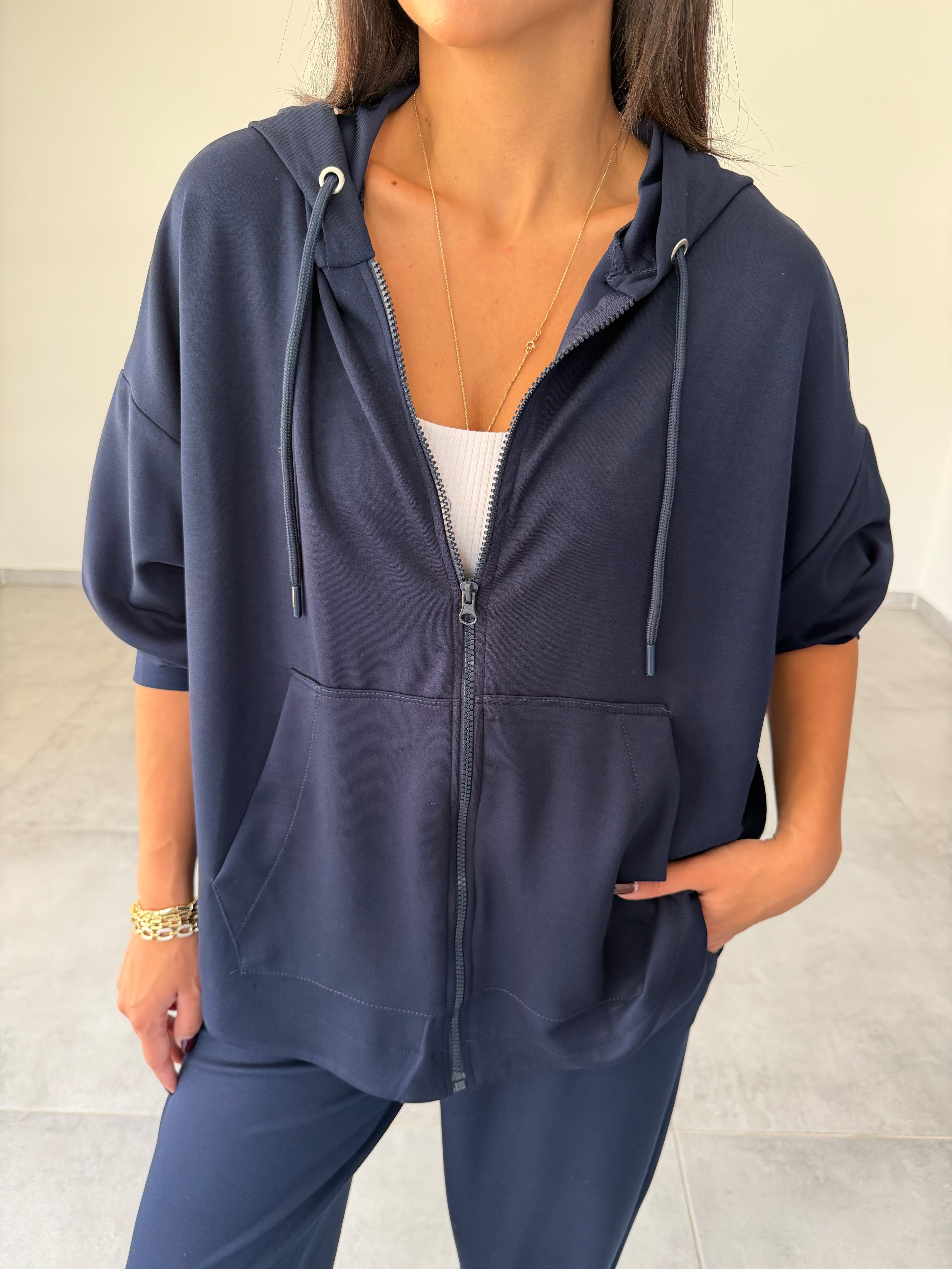 Lacivert Kapüşonlu Fermuarlı Rahat Kesim Sweatshirt