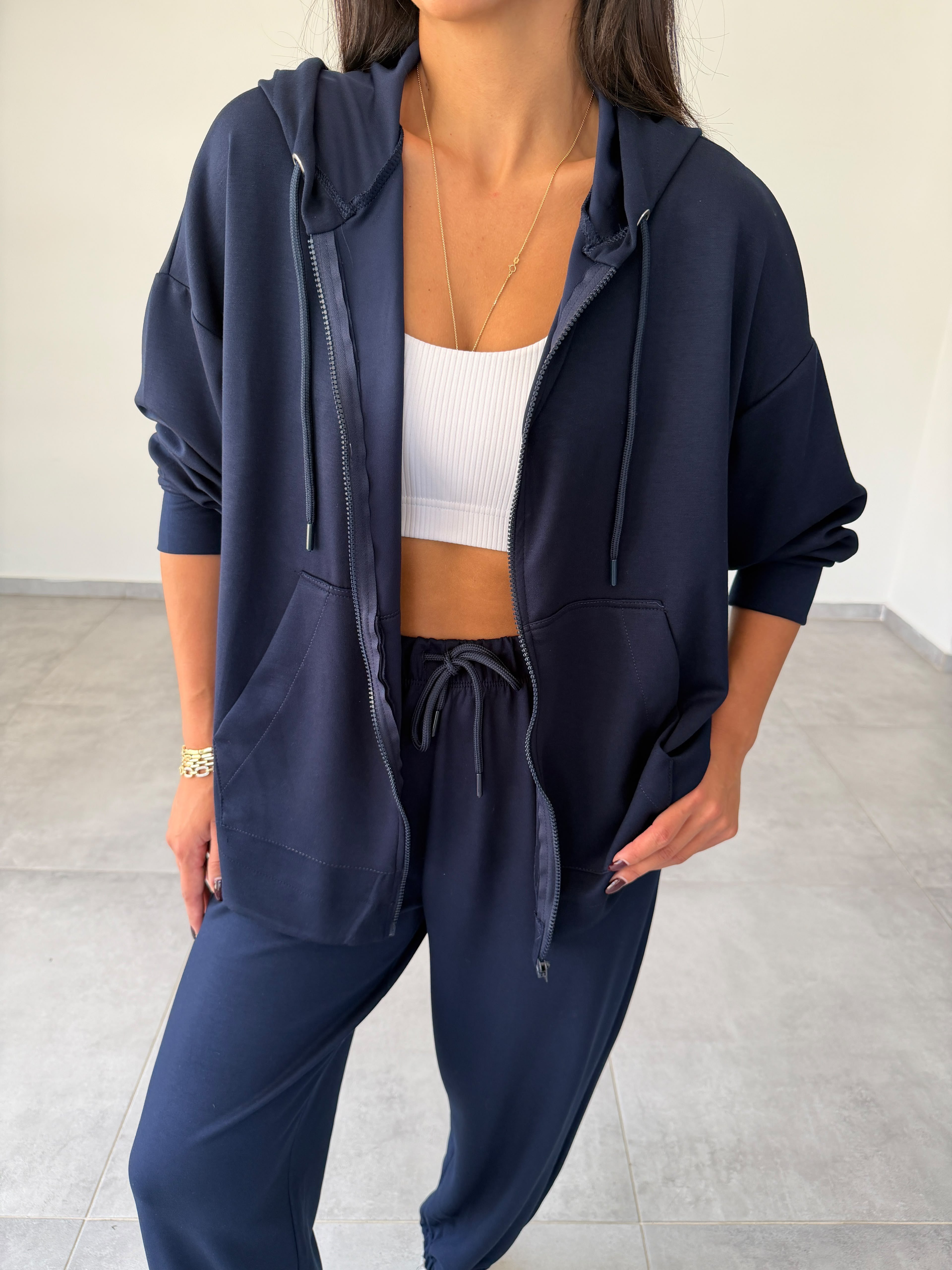 Lacivert Kapüşonlu Fermuarlı Rahat Kesim Sweatshirt
