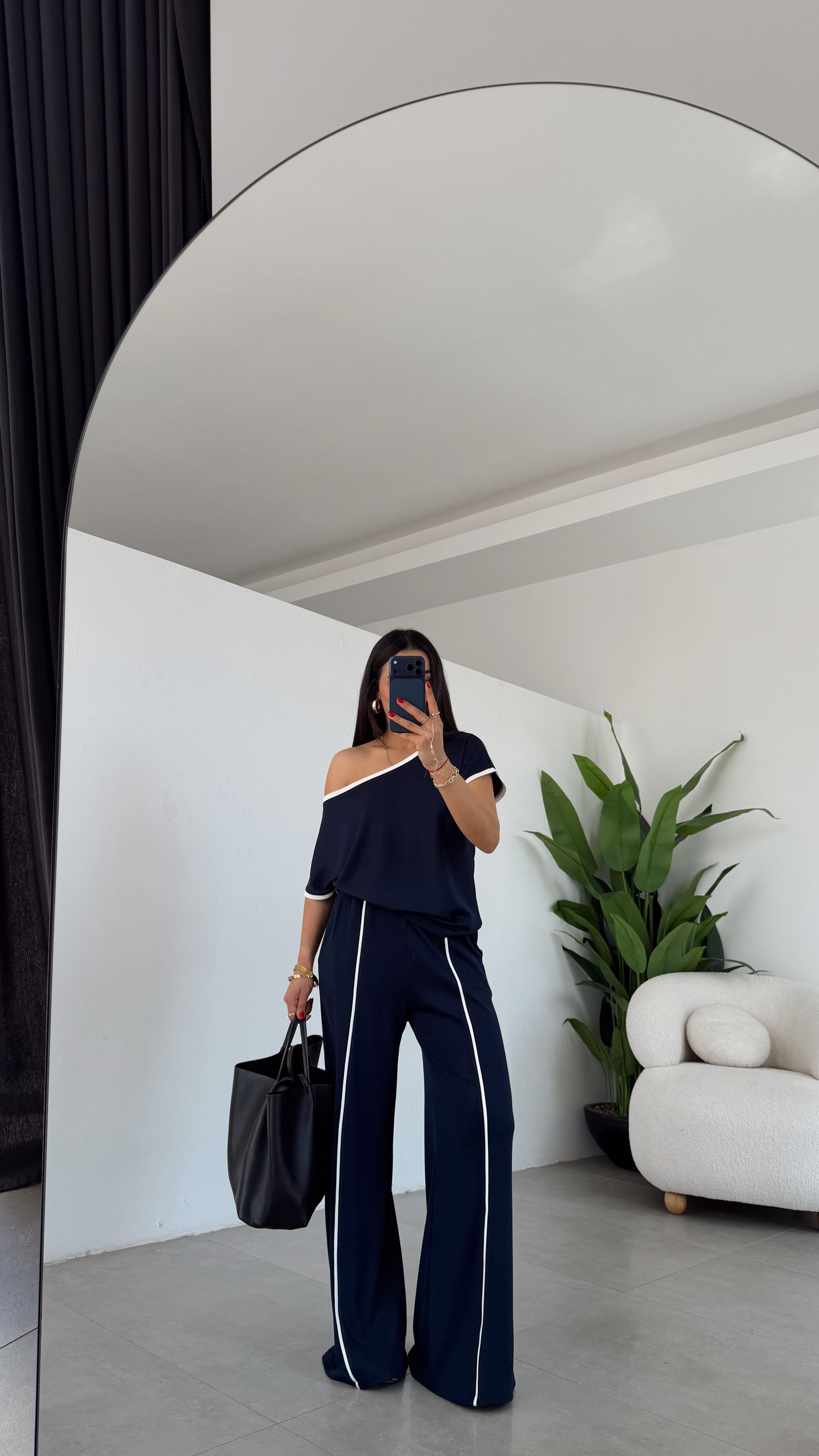 Lacivert Modal Kontras Biyeli Tshirt Pantolon Takım