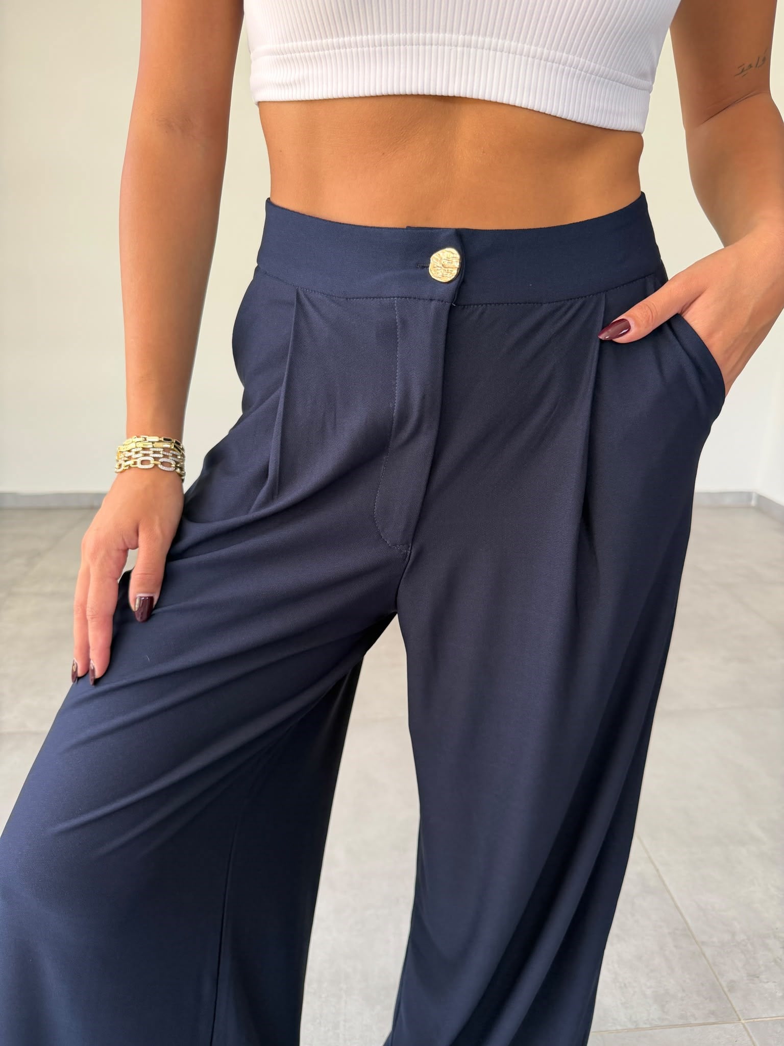 Lacivert Modal Paça Klapalı Arka Çift Cep Pantolon