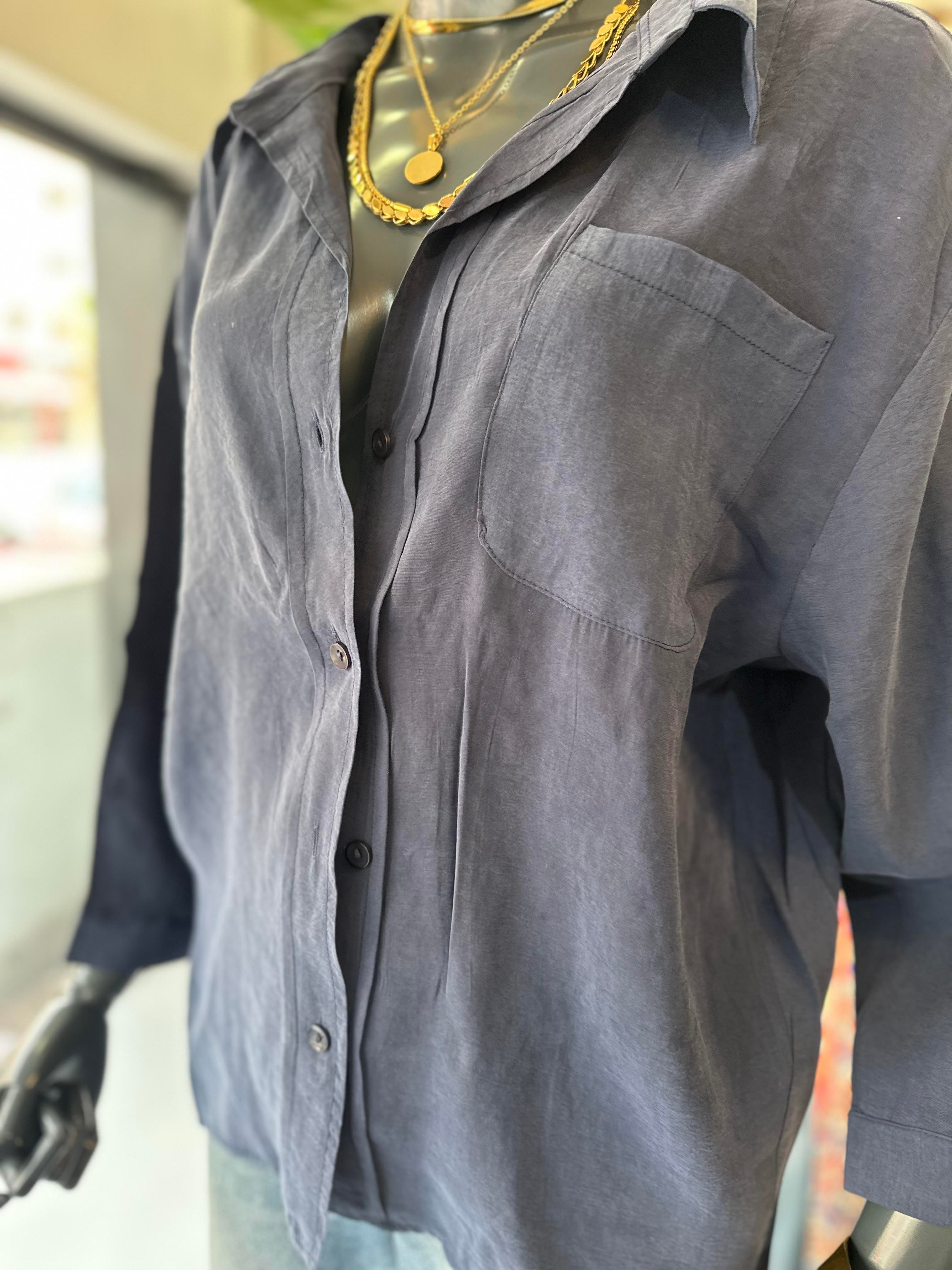 Lacivert Oversize Tencel Gömlek