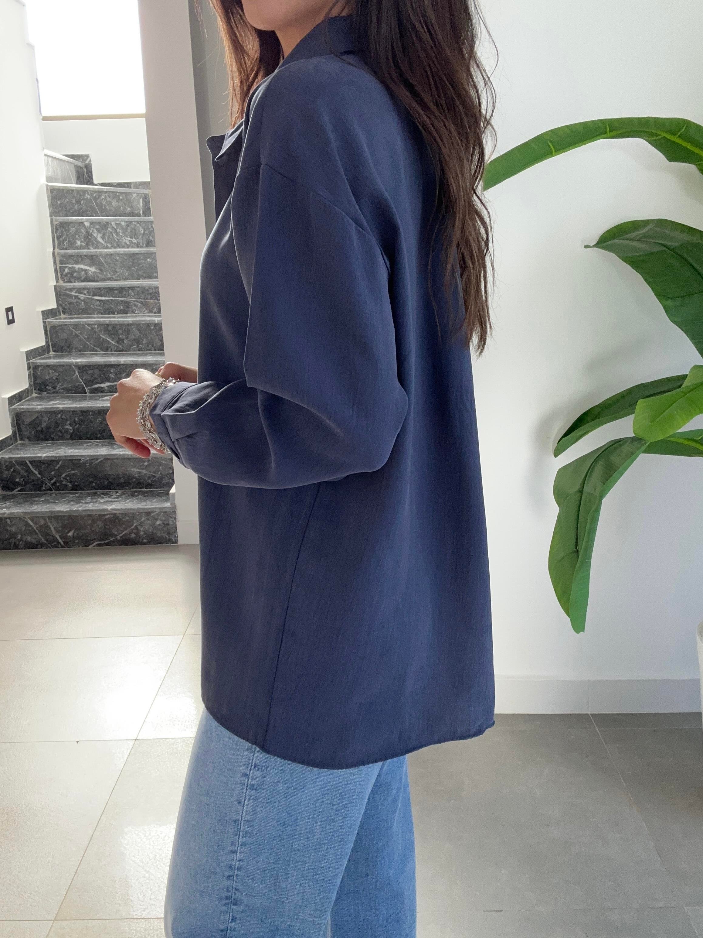 Lacivert Tek Cep Oversize Gömlek