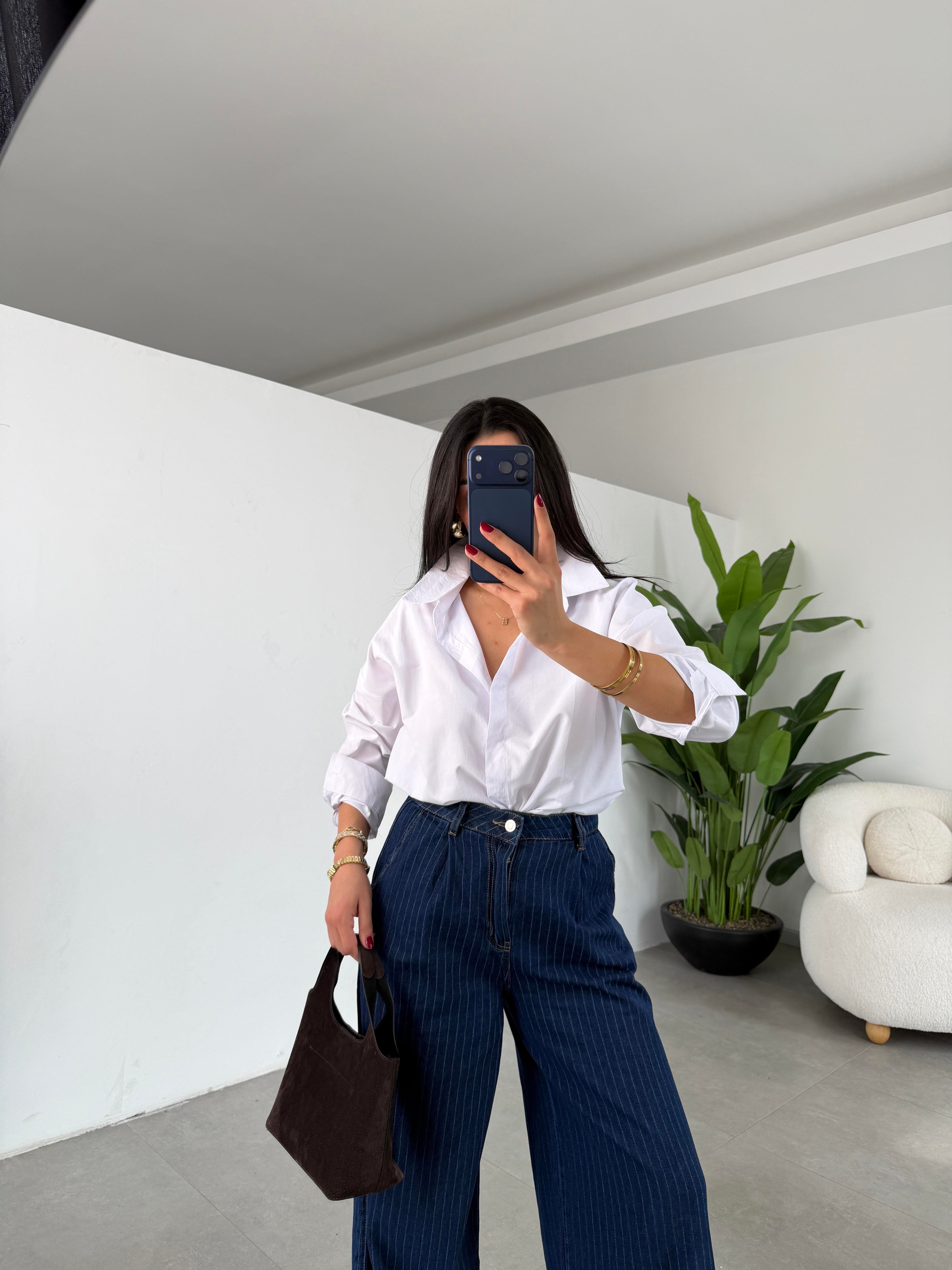 Lacivert Tek Pileli Çizgili Denim Pantolon
