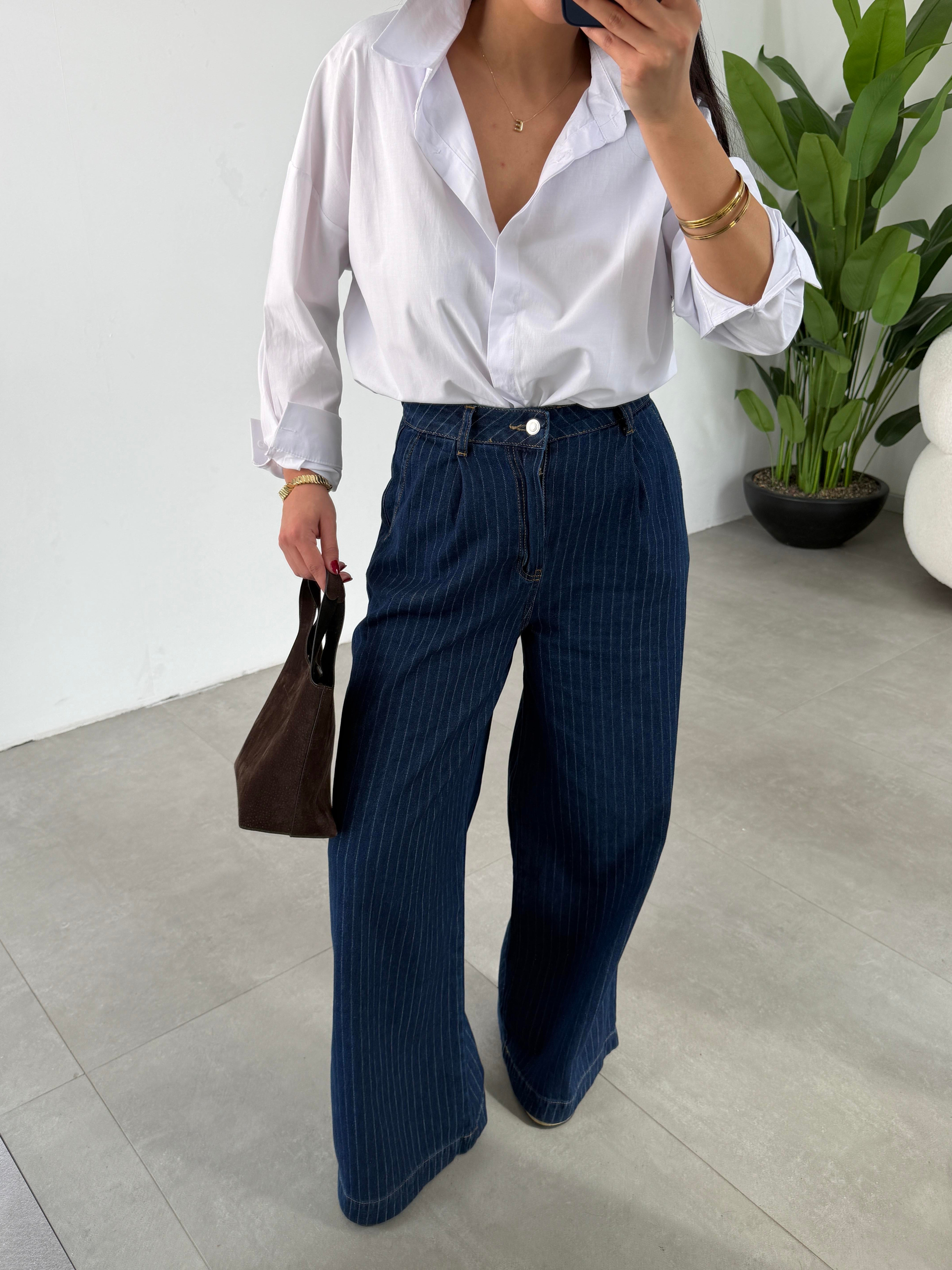 Lacivert Tek Pileli Çizgili Denim Pantolon