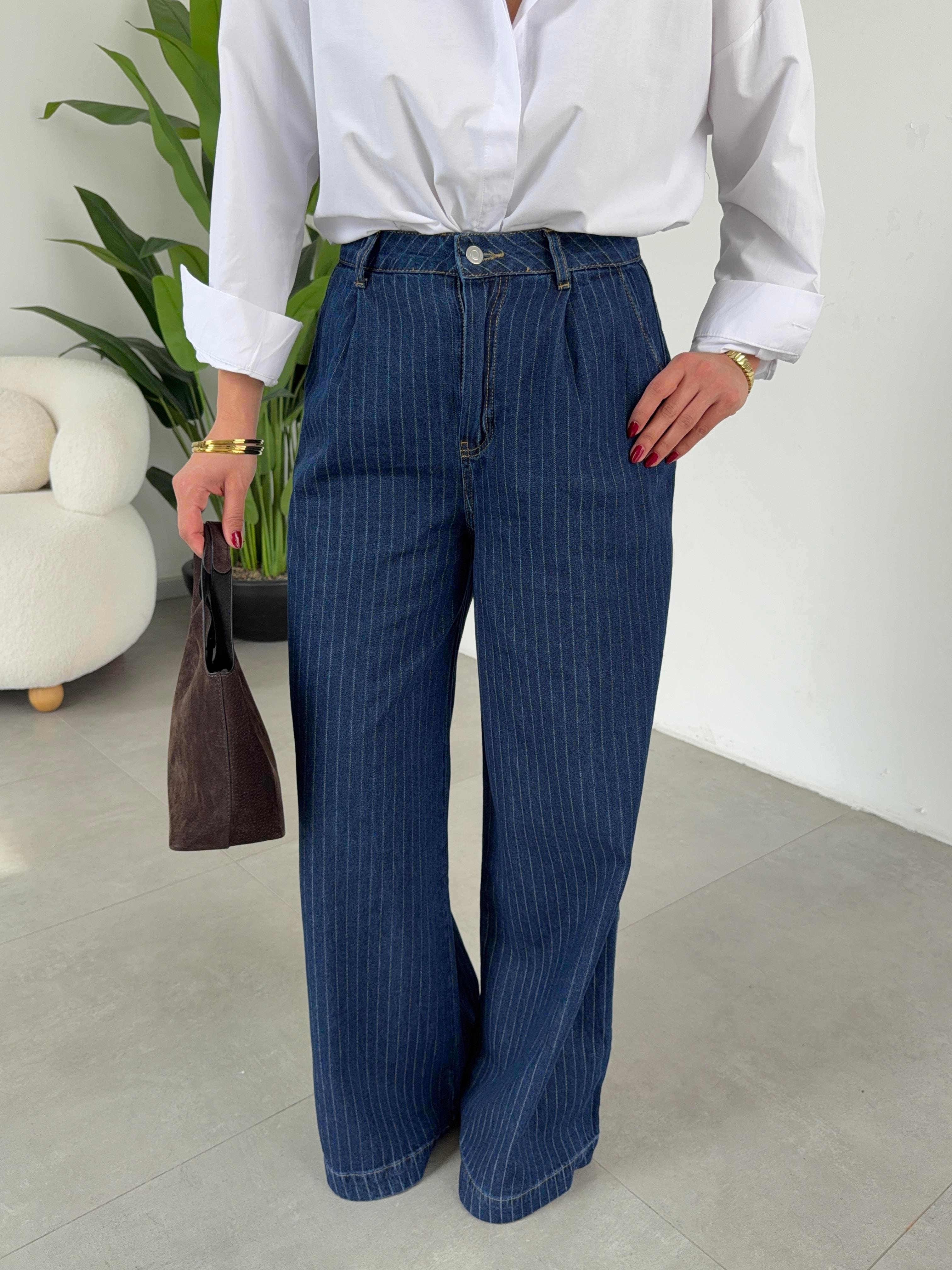Lacivert Tek Pileli Çizgili Denim Pantolon