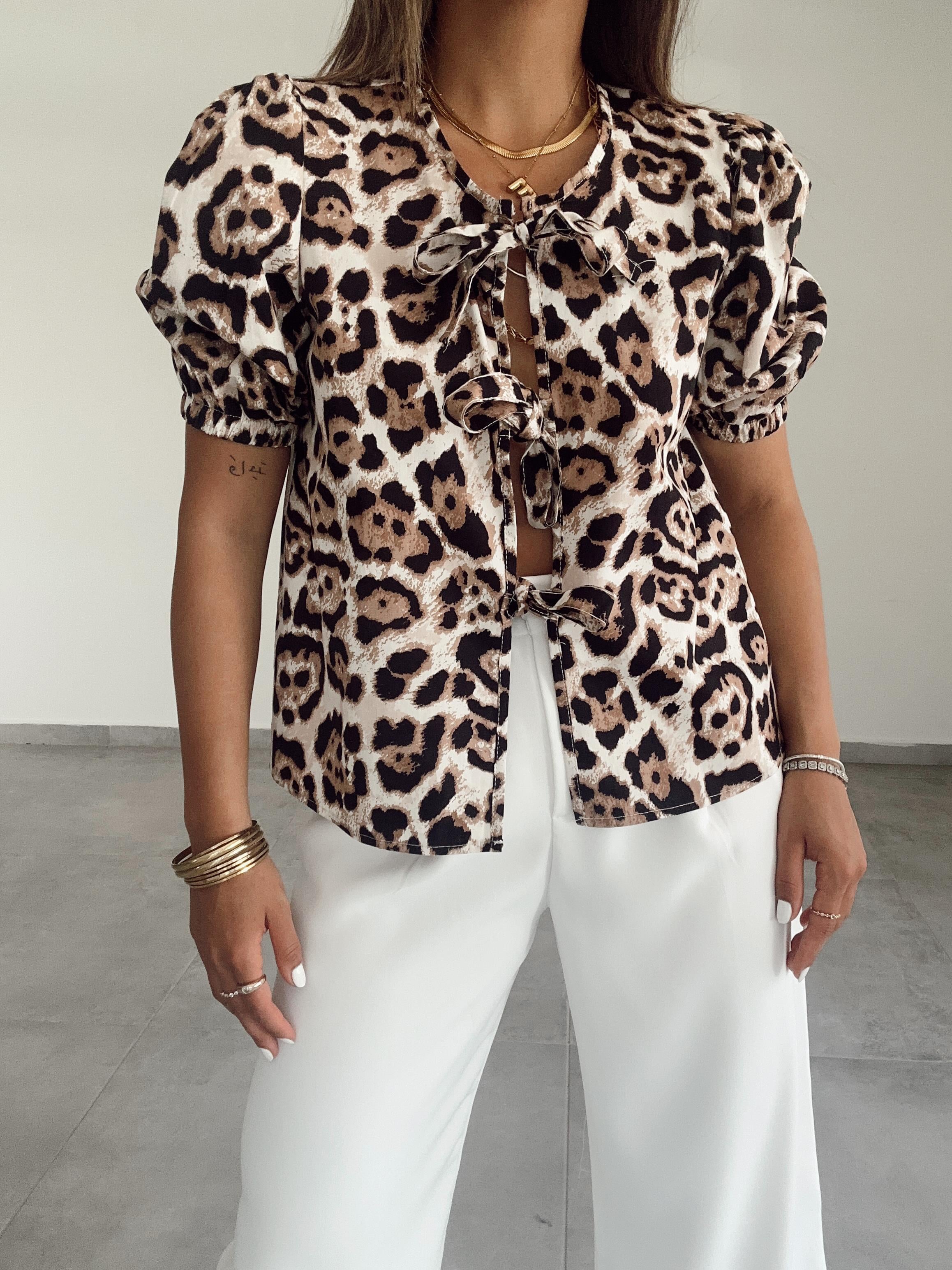 Leopar Balon Kol Önü Bağlamalı Bluz