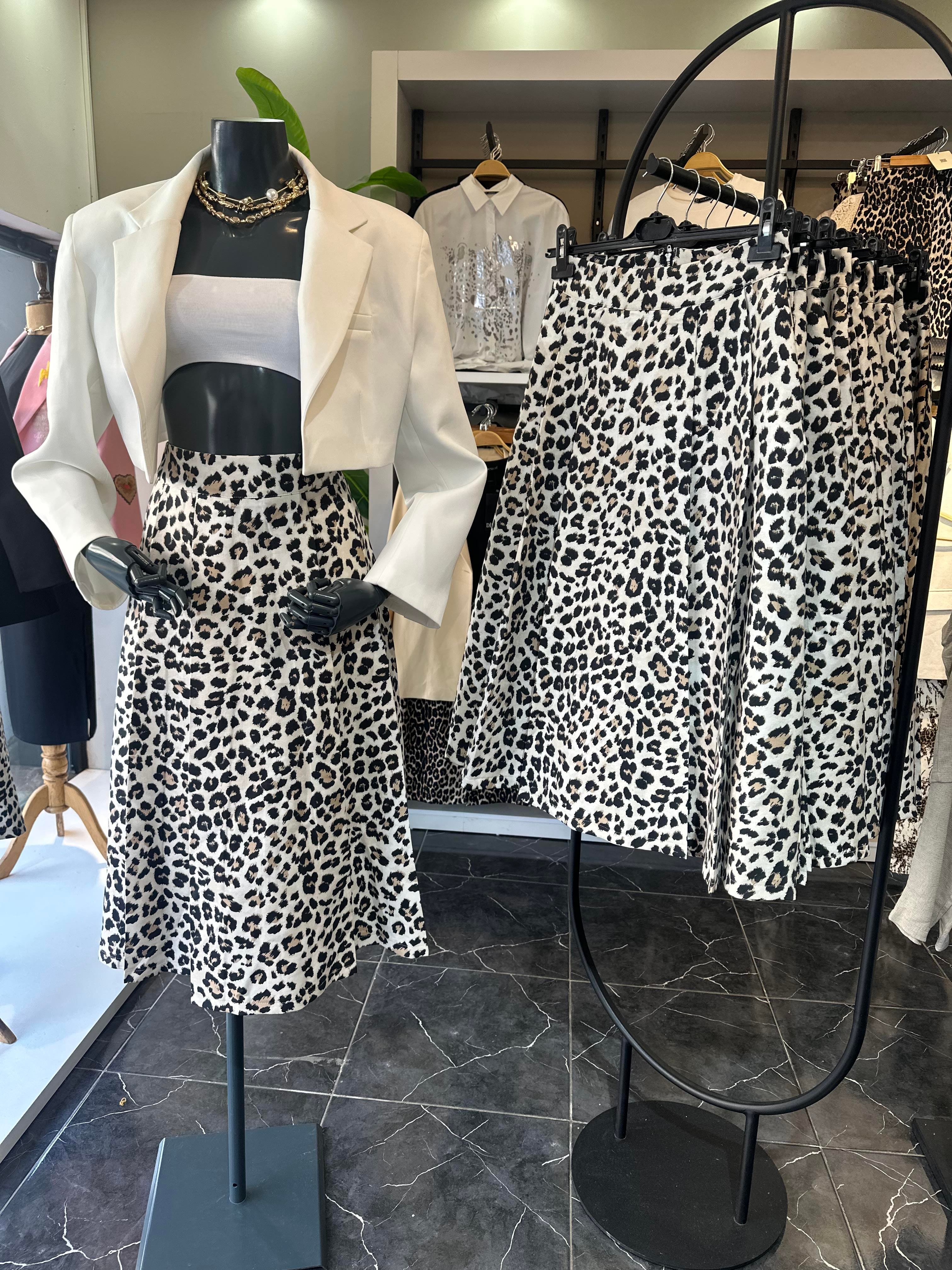Leopar Desen Midi Boy Pileli Etek