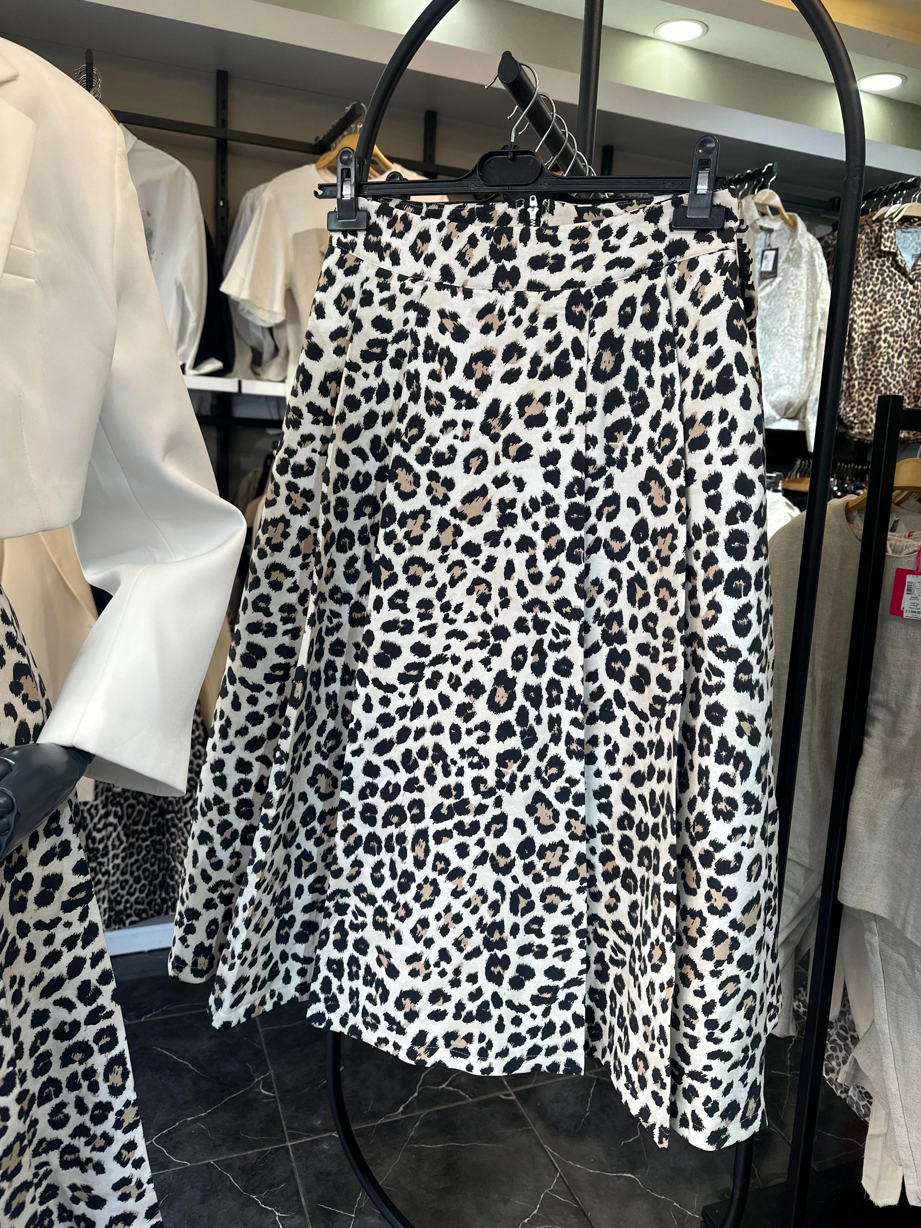 Leopar Desen Midi Boy Pileli Etek