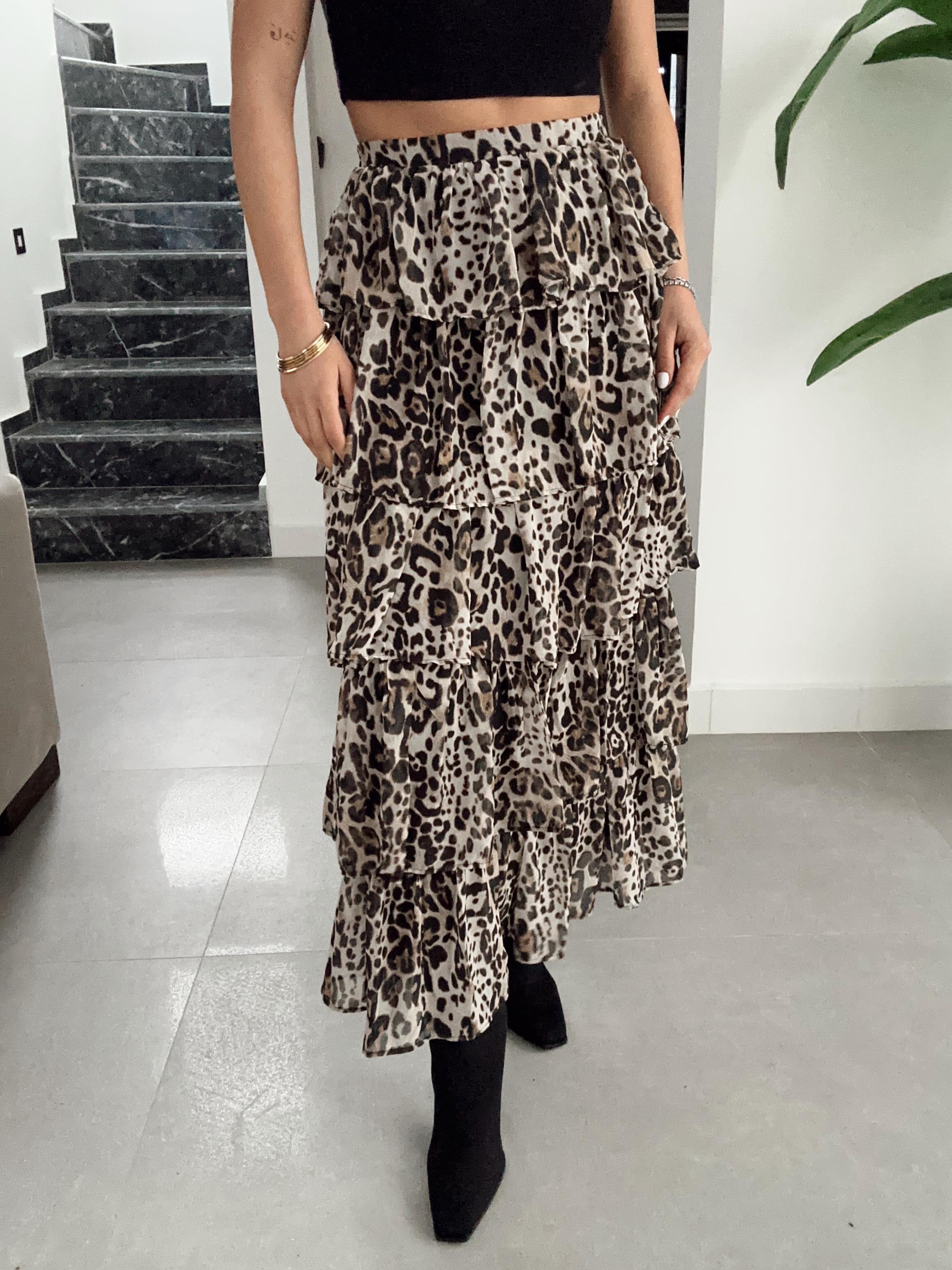 Leopar Desenli Katlı Maxi Etek