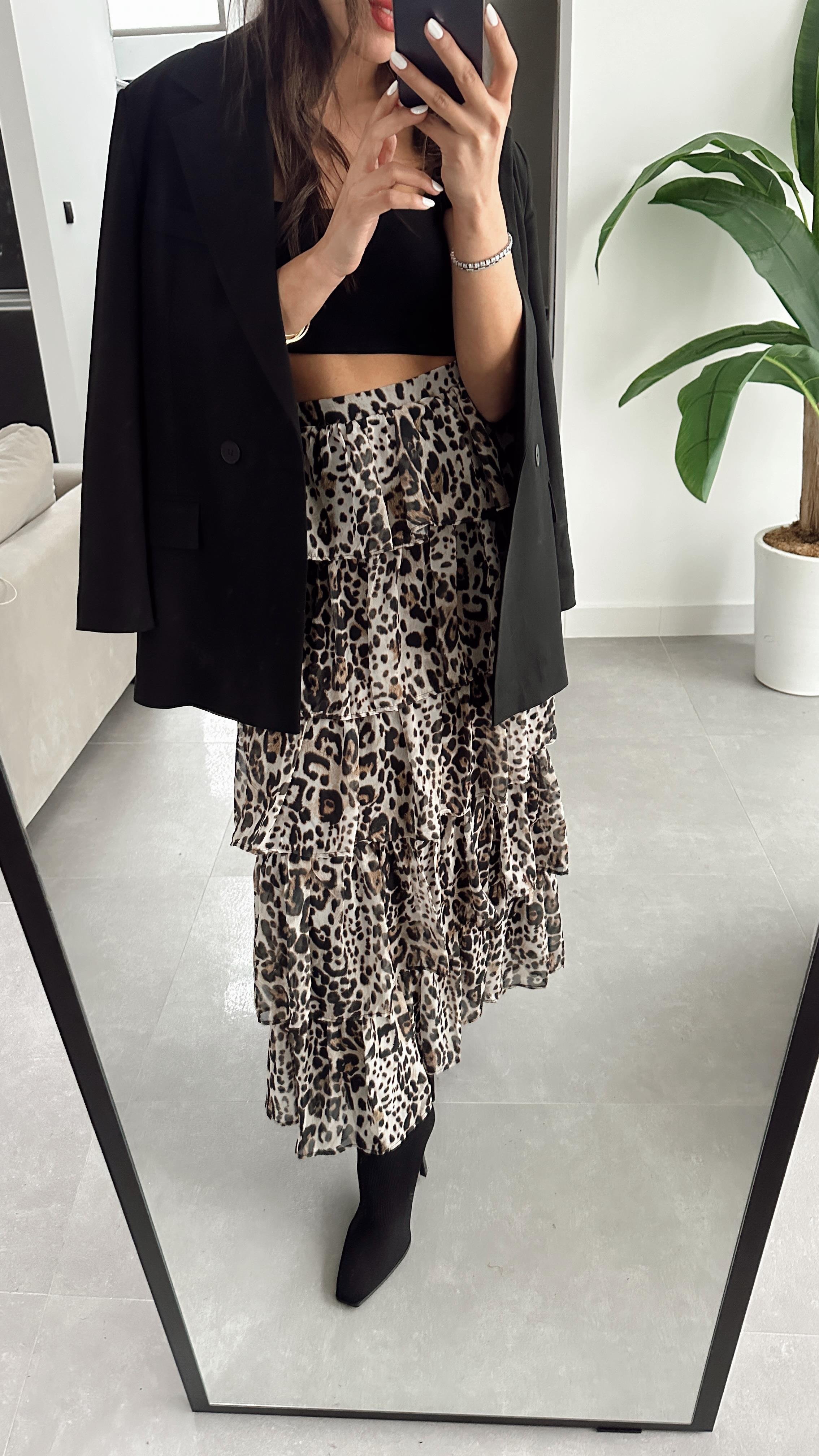 Leopar Desenli Katlı Maxi Etek