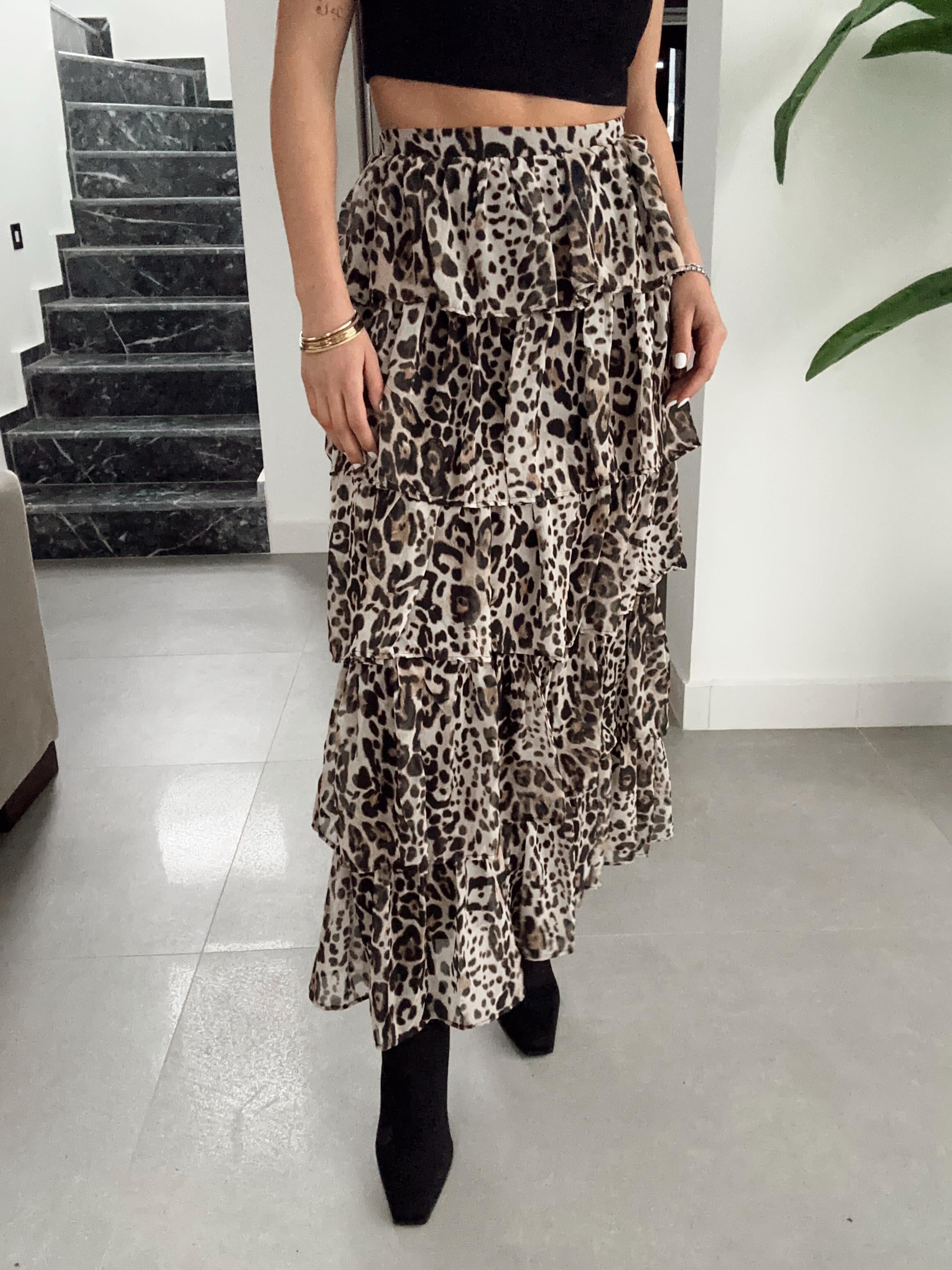Leopar Desenli Katlı Maxi Etek