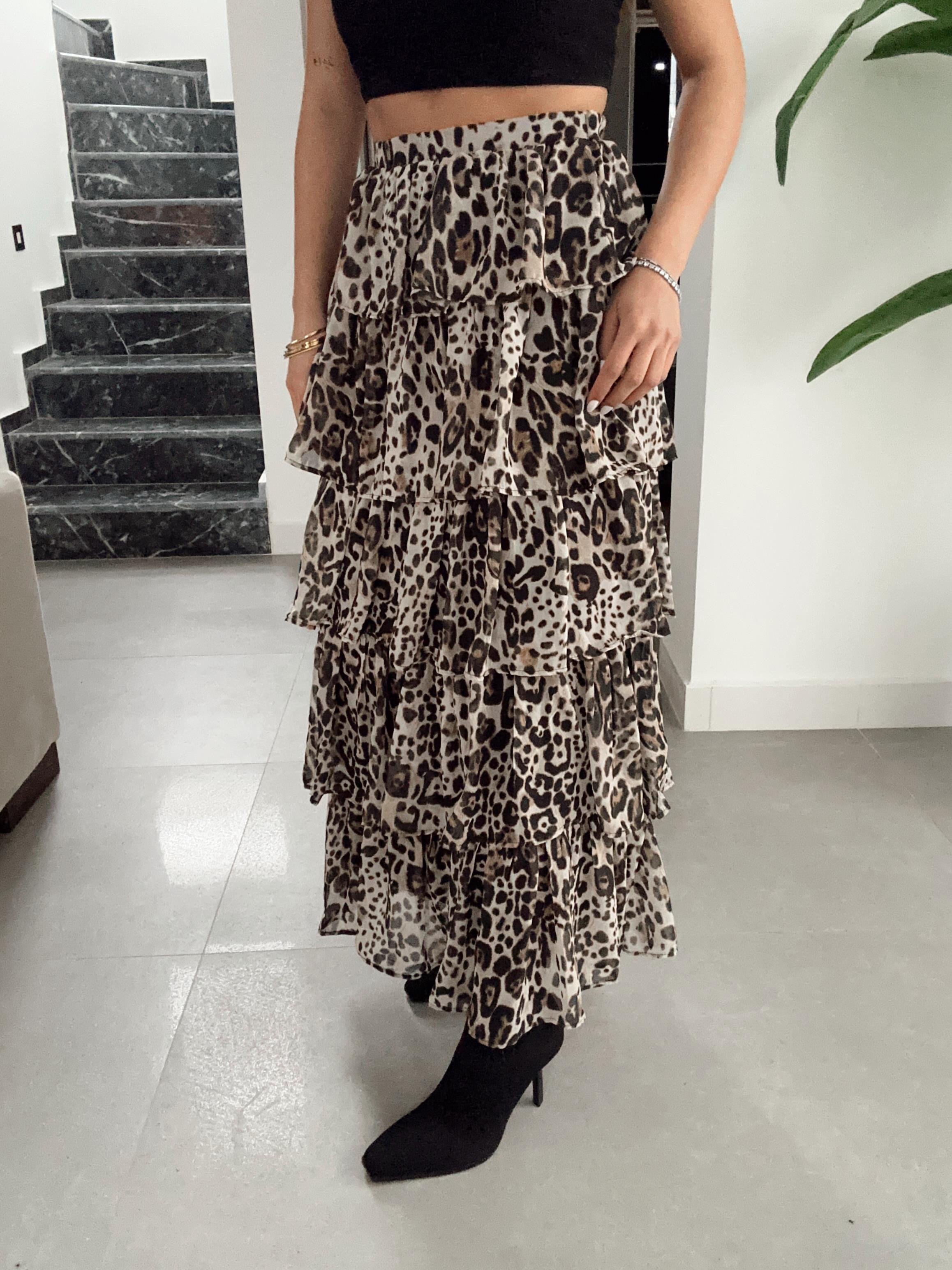 Leopar Desenli Katlı Maxi Etek