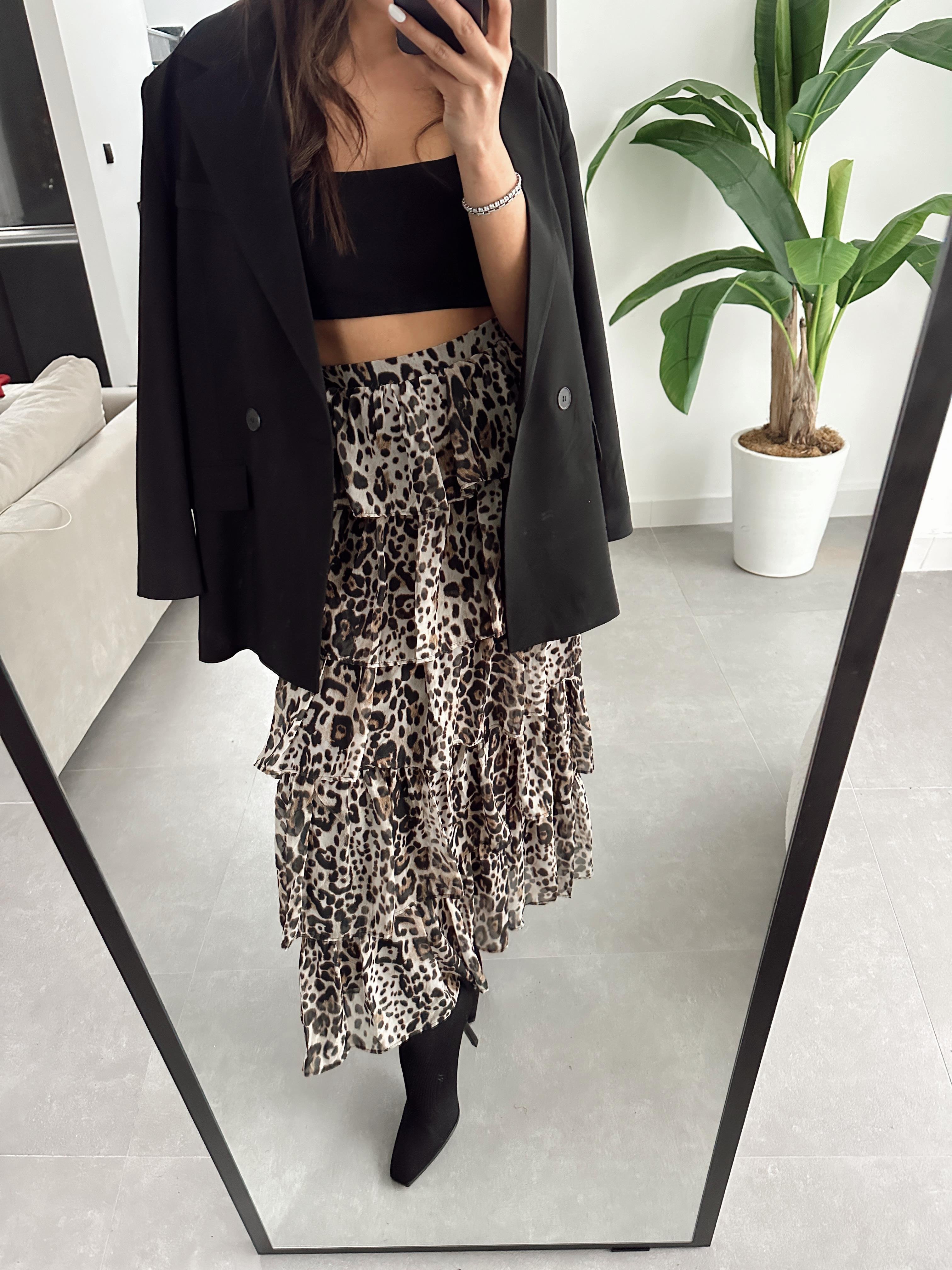 Leopar Desenli Katlı Maxi Etek