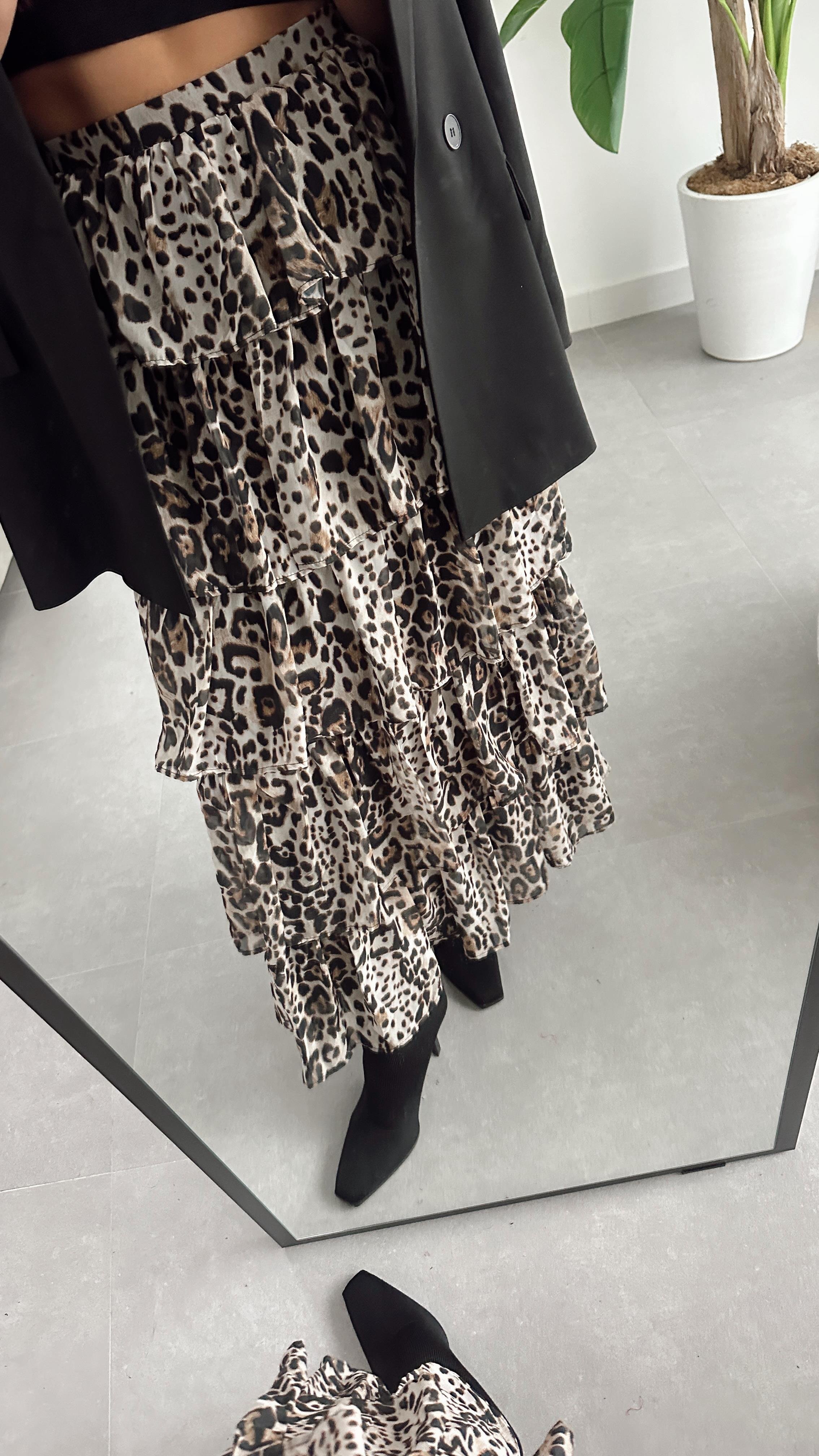 Leopar Desenli Katlı Maxi Etek