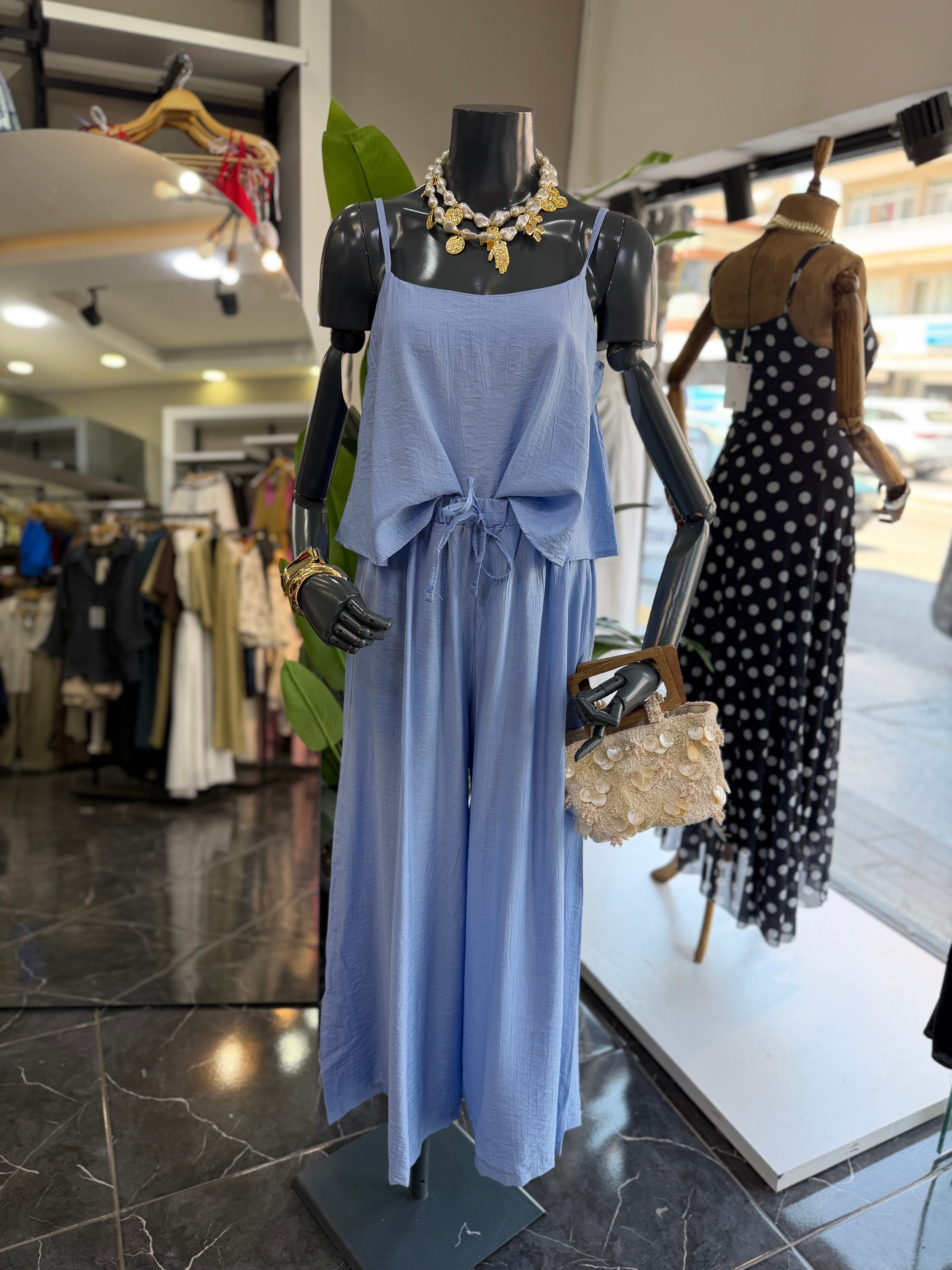 Levure Mavi Beli Lastikli Su Taşı Detaylı Pantolon