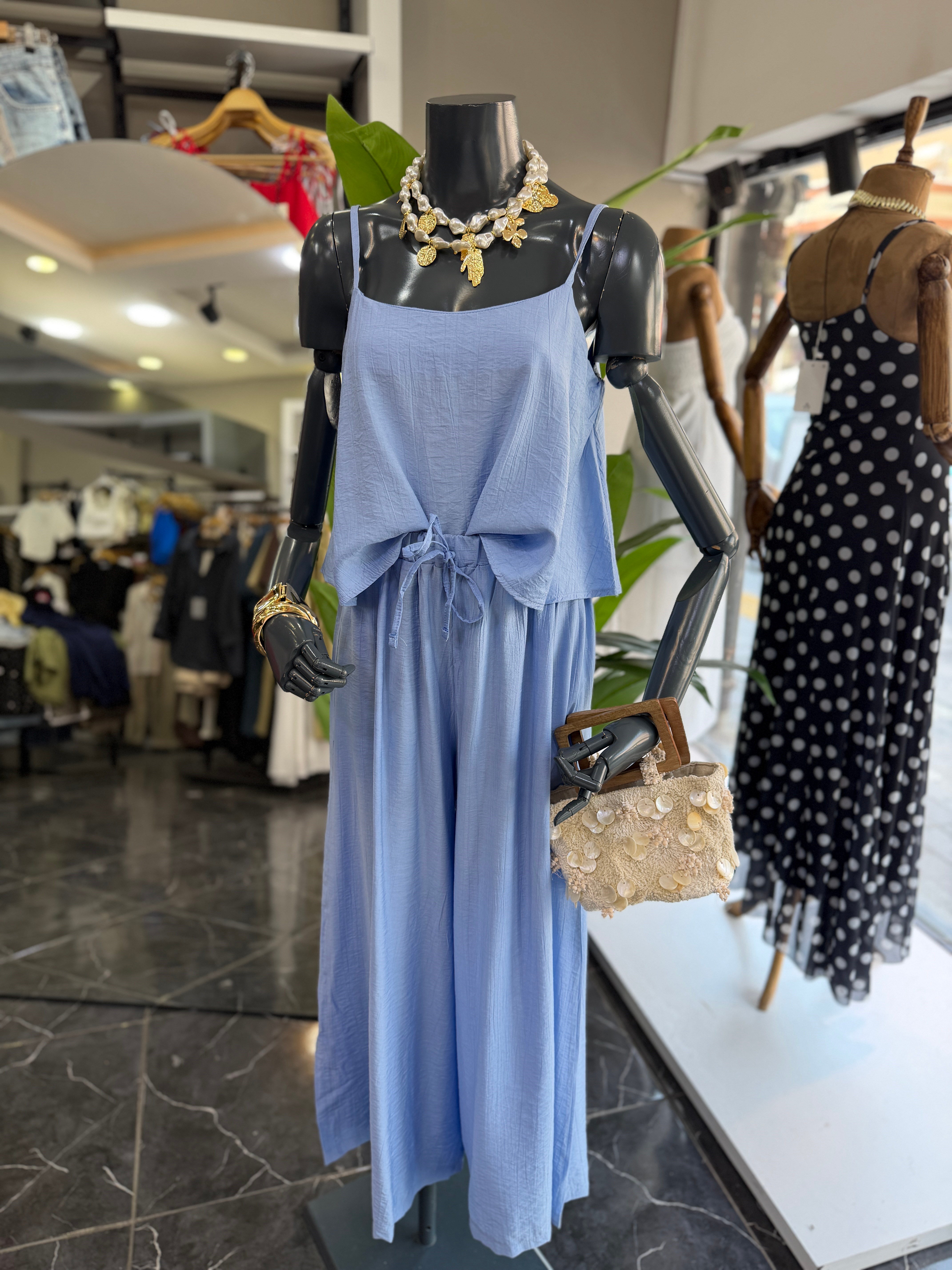 Levure Mavi Beli Lastikli Su Taşı Detaylı Pantolon