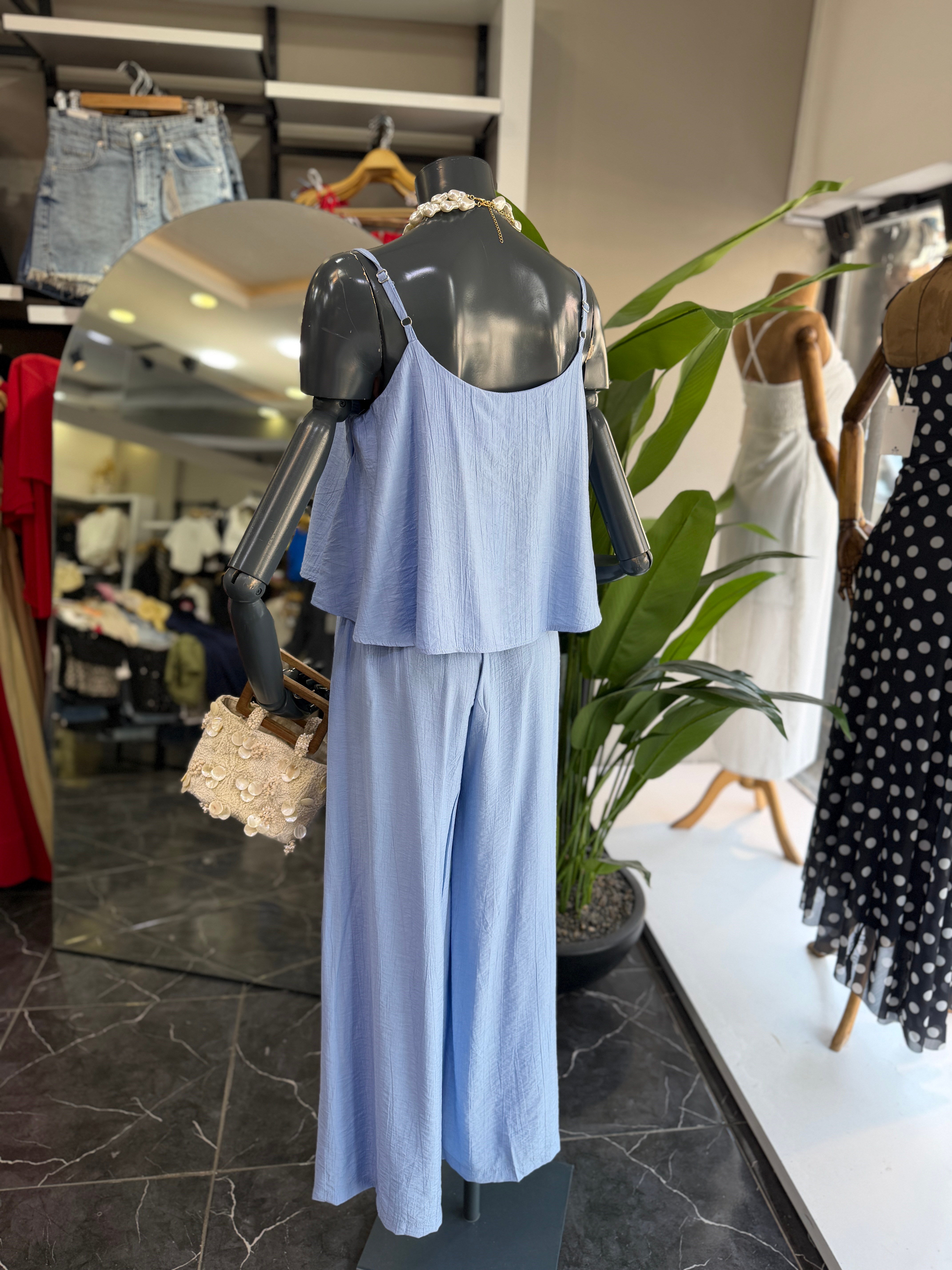 Levure Mavi Beli Lastikli Su Taşı Detaylı Pantolon