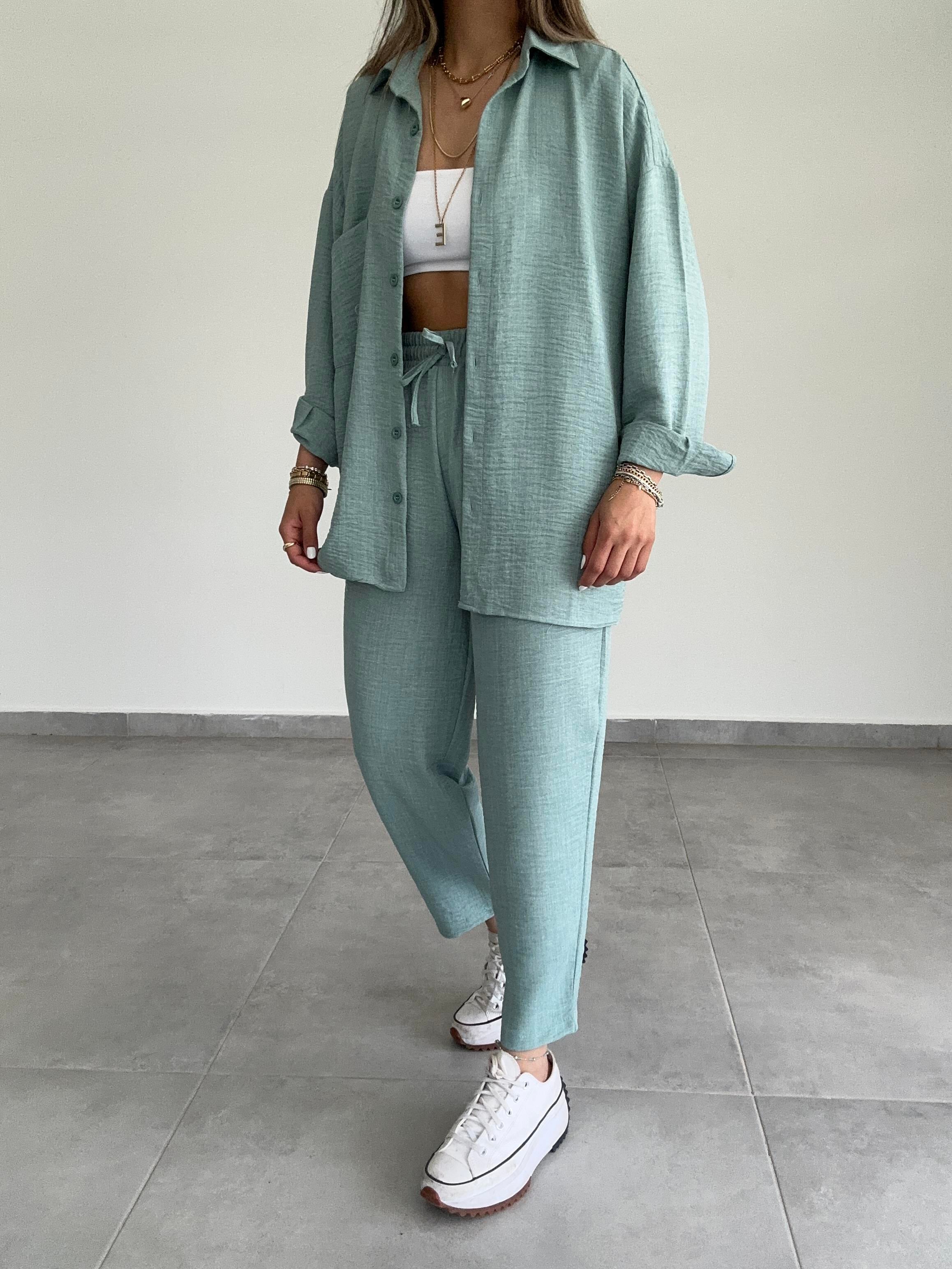Luna Mint Yeşili Keten Gömlek Pantolon Takım