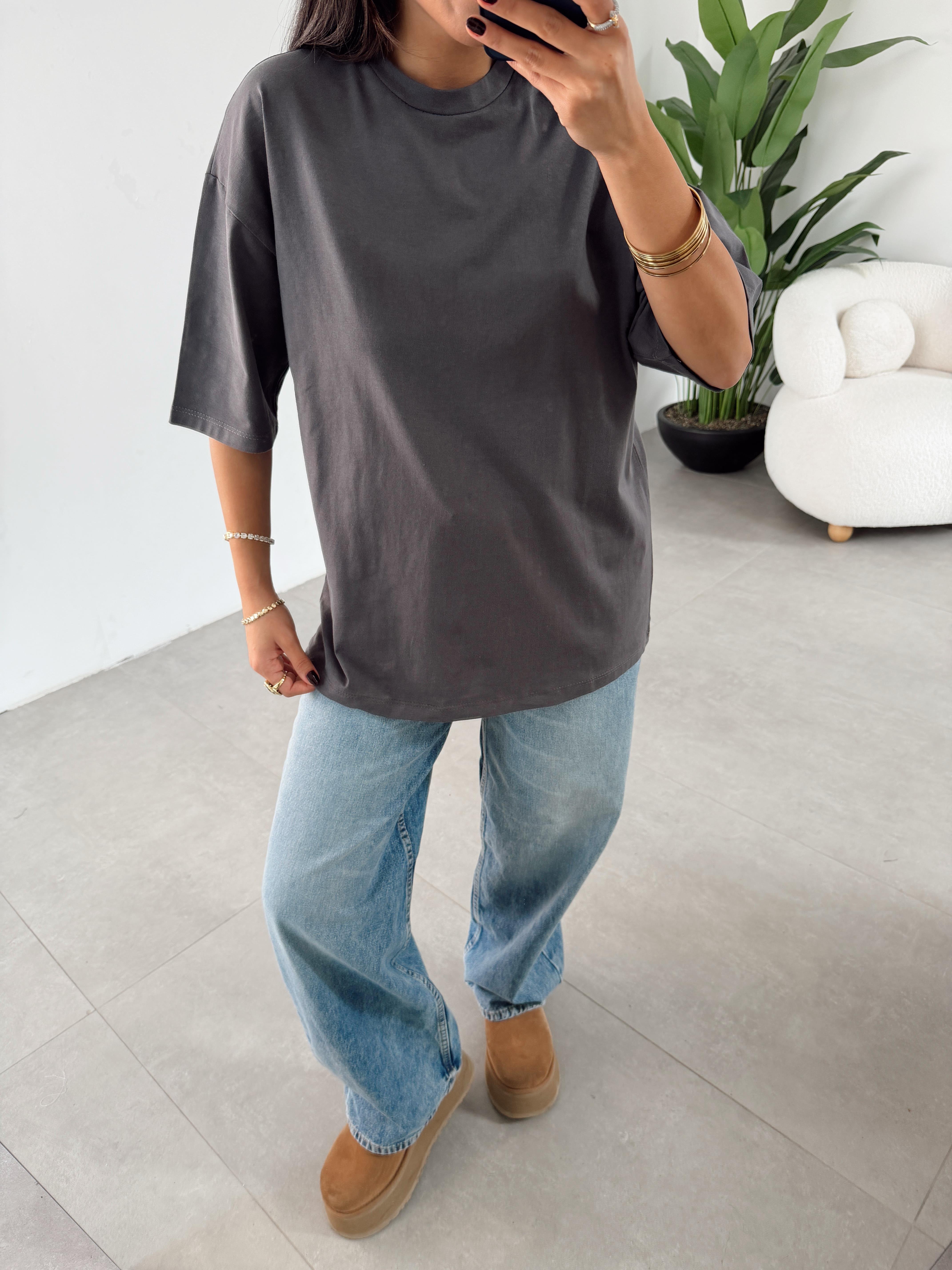 M-D Antrasit Bisiklet Yaka Oversize Tshirt