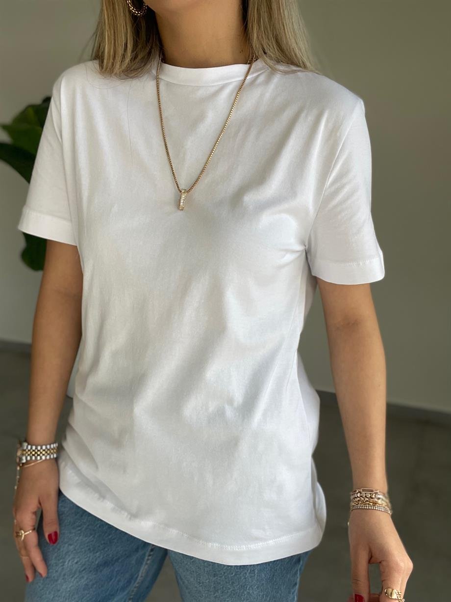 M-D Beyaz Bisiklet Yaka Basic Tshirt