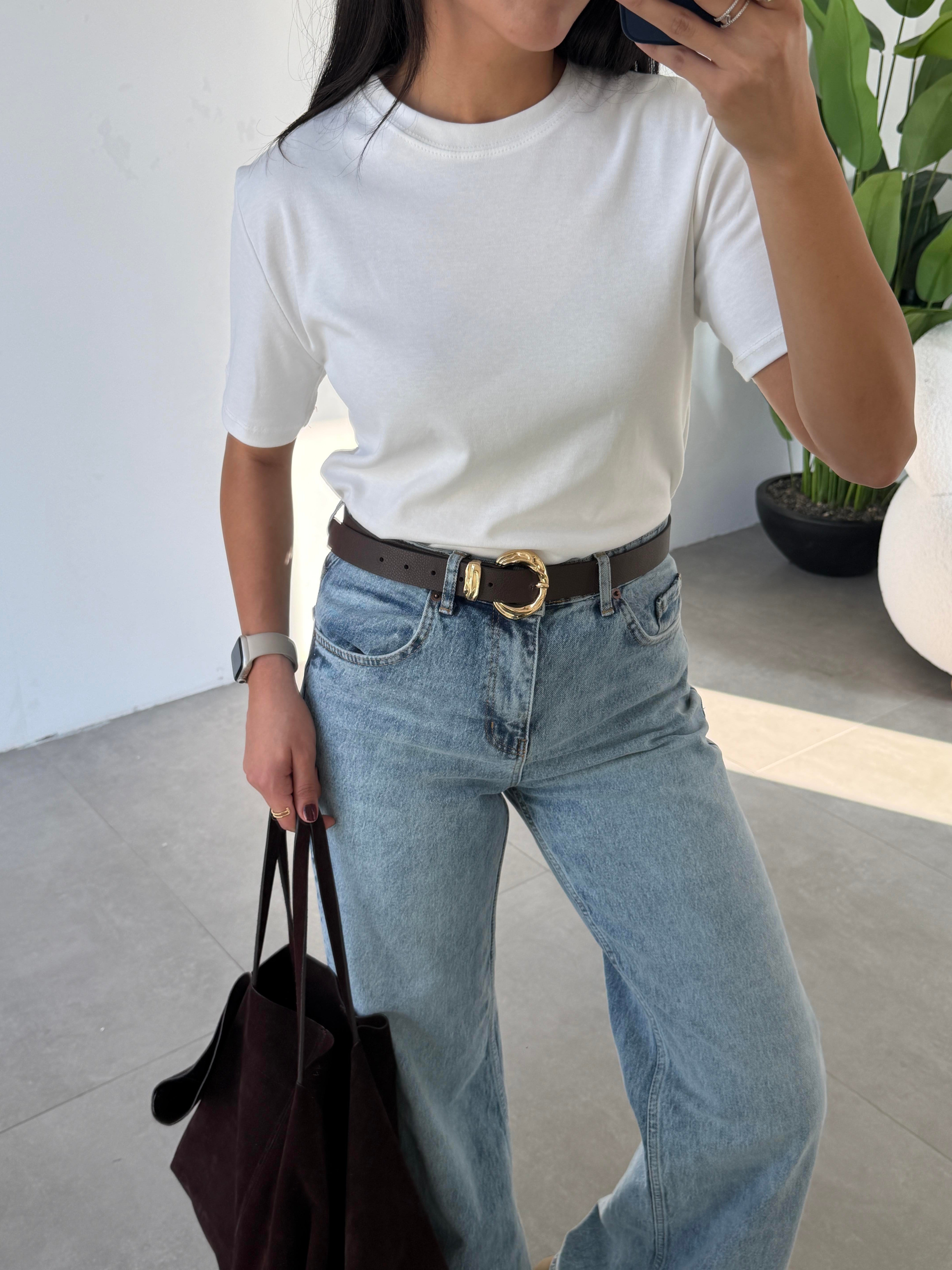 M-D Beyaz Bisiklet Yaka Tshirt