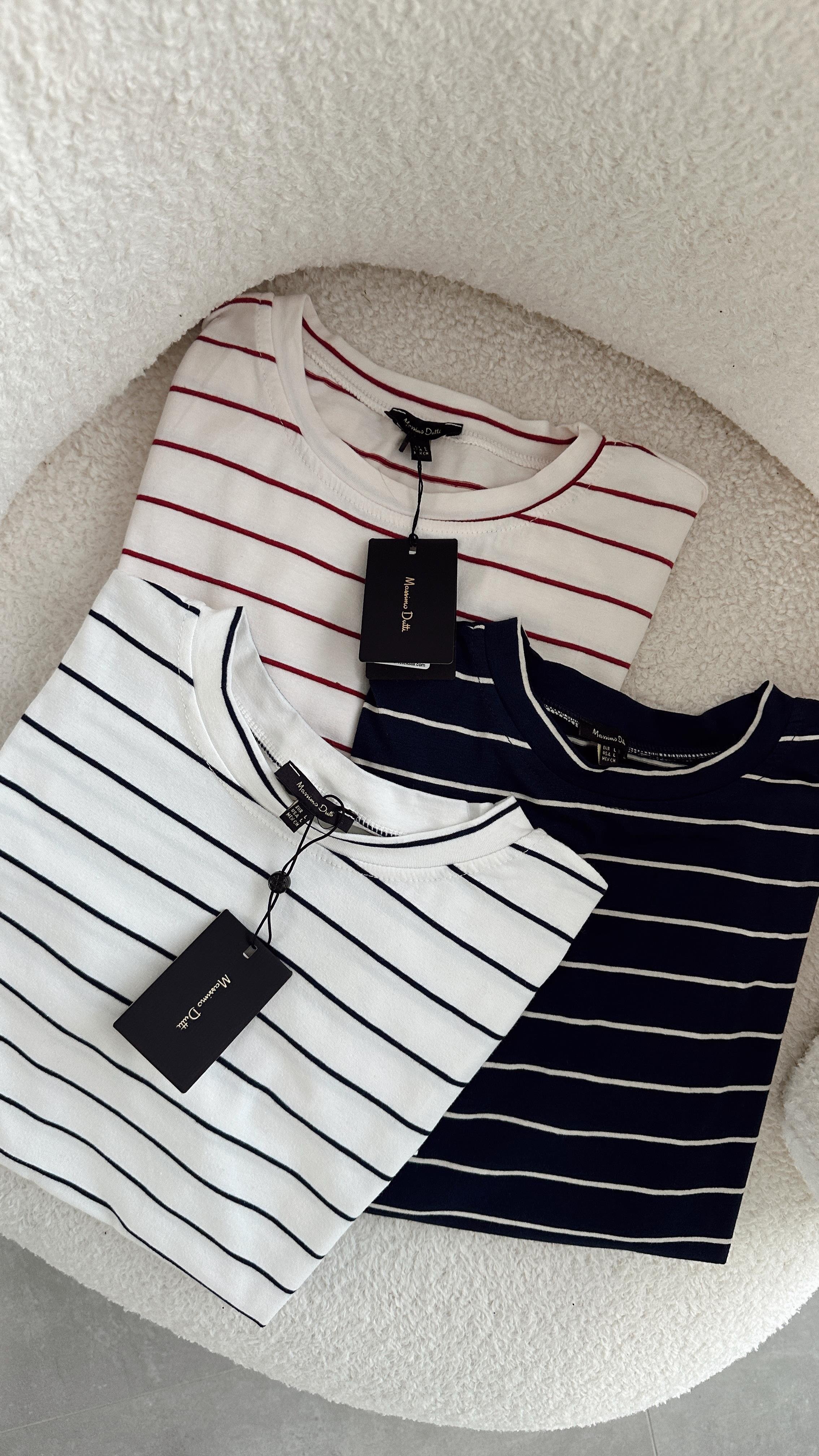 M-D Ekru-Kırmızı Çizgili Basic Tişört