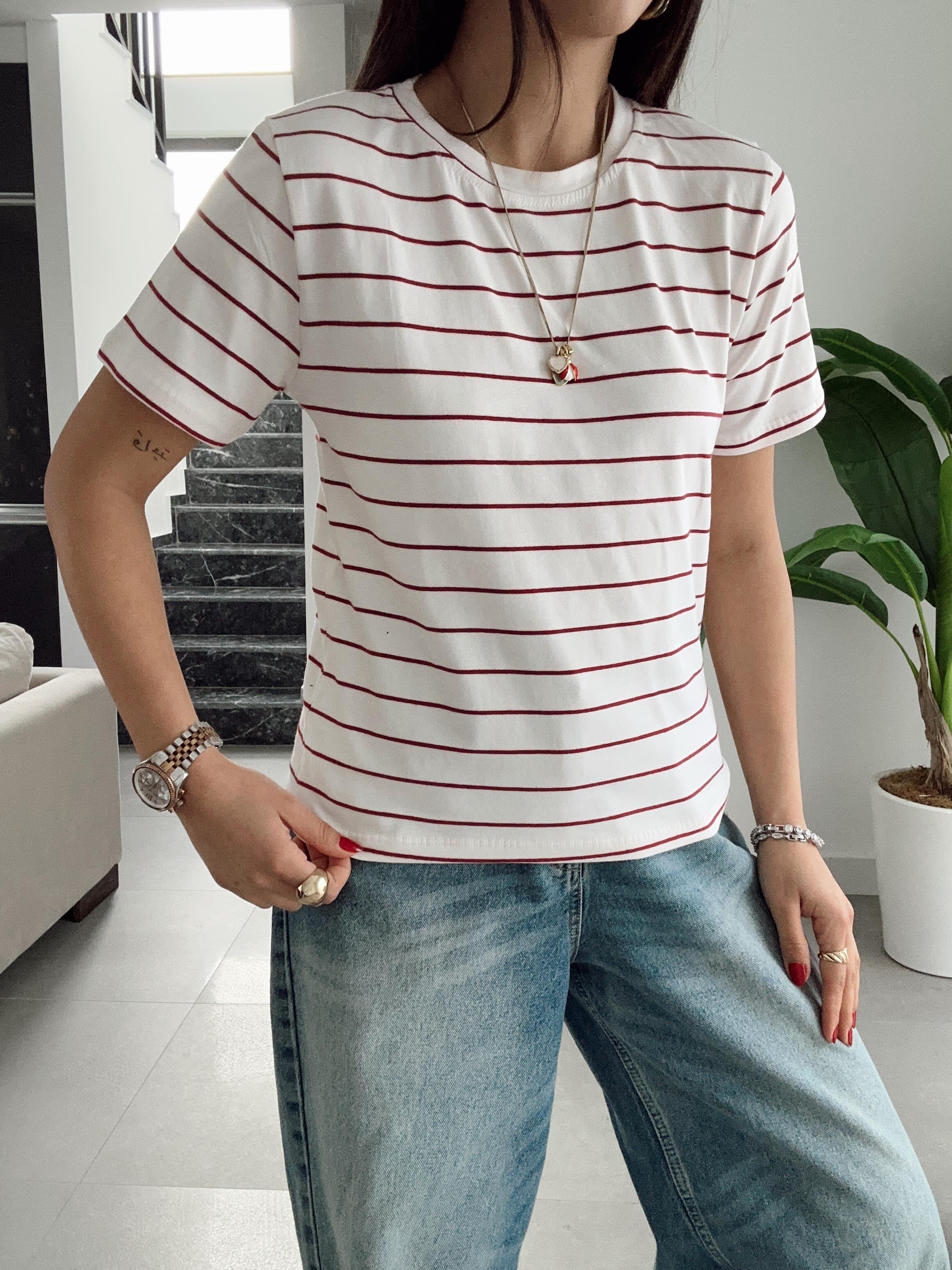 M-D Ekru-Kırmızı Çizgili Basic Tişört