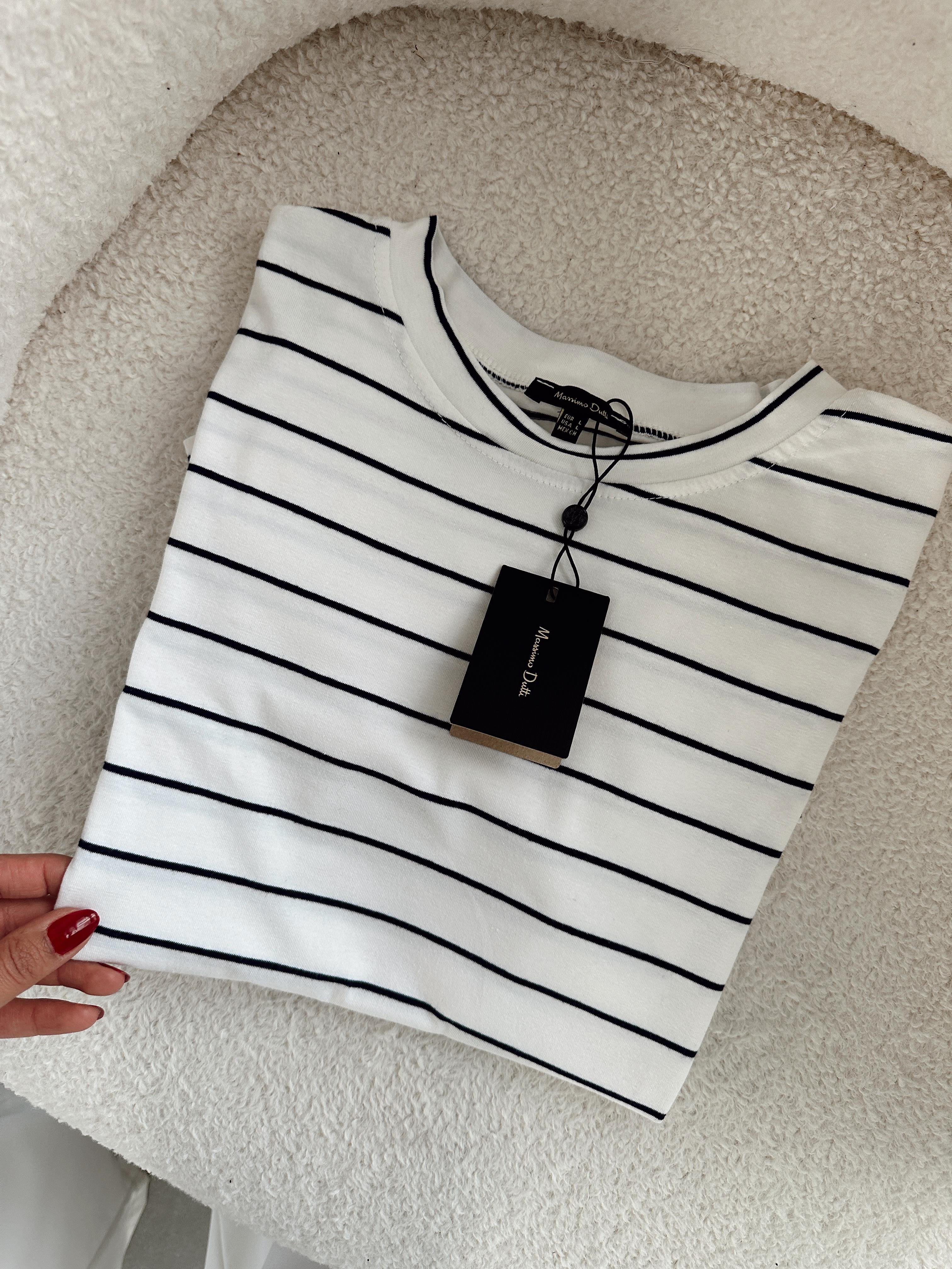 M-D Ekru-Lacivert Çizgili Basic Tişört