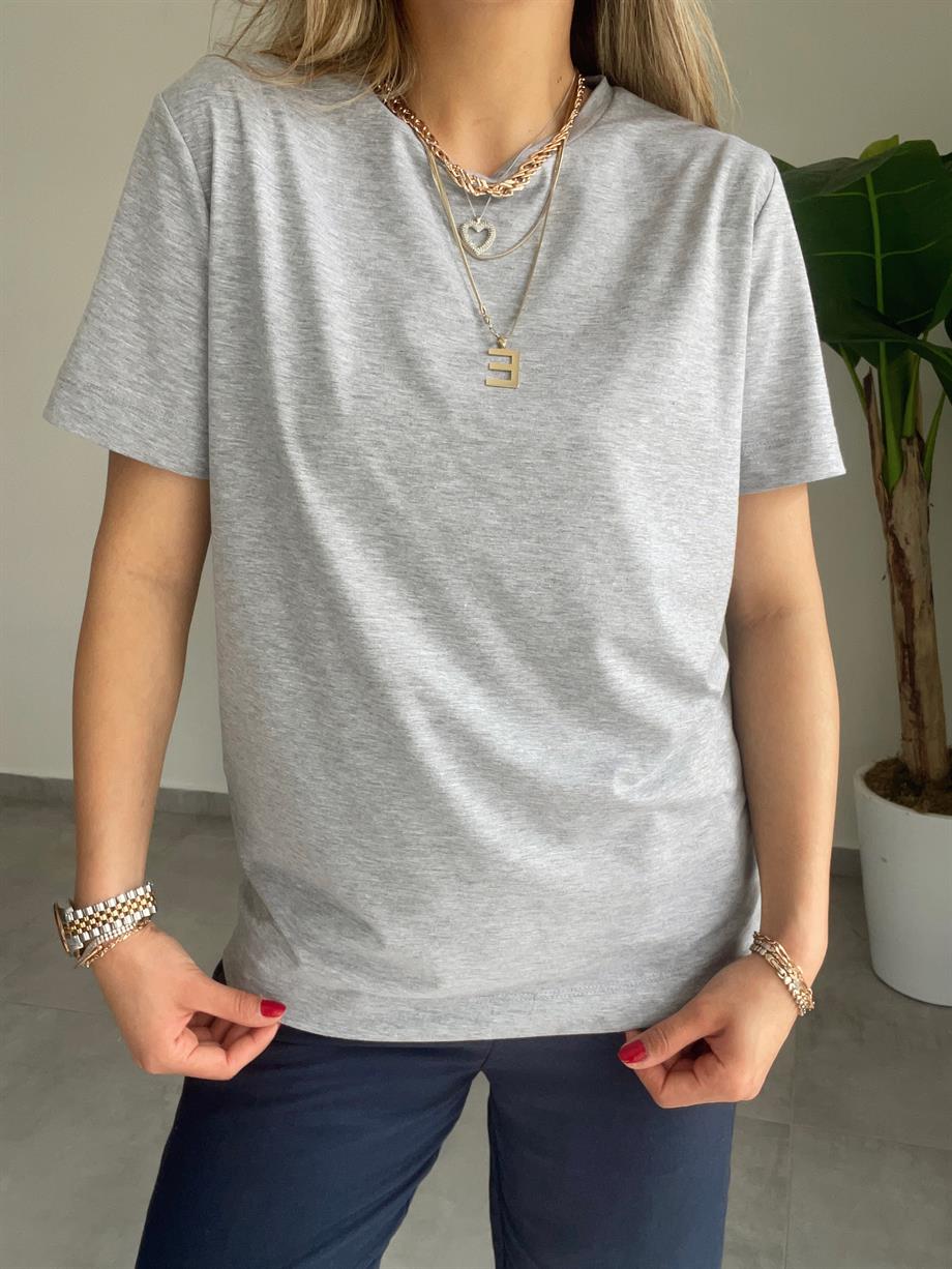 M-D Gri Bisiklet Yaka Basic Tshirt