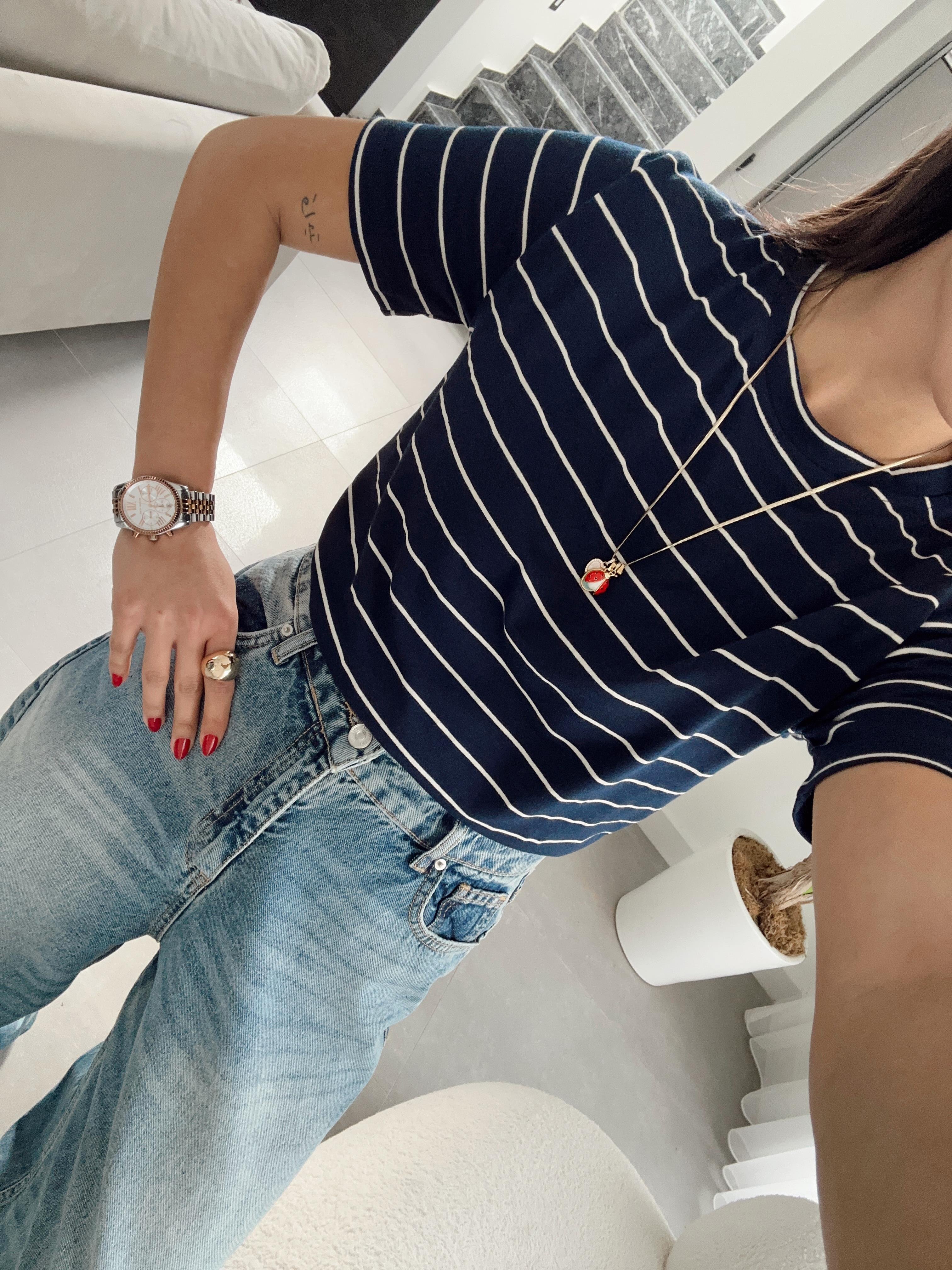 M-D Lacivert-Ekru Çizgil Basic Tişört