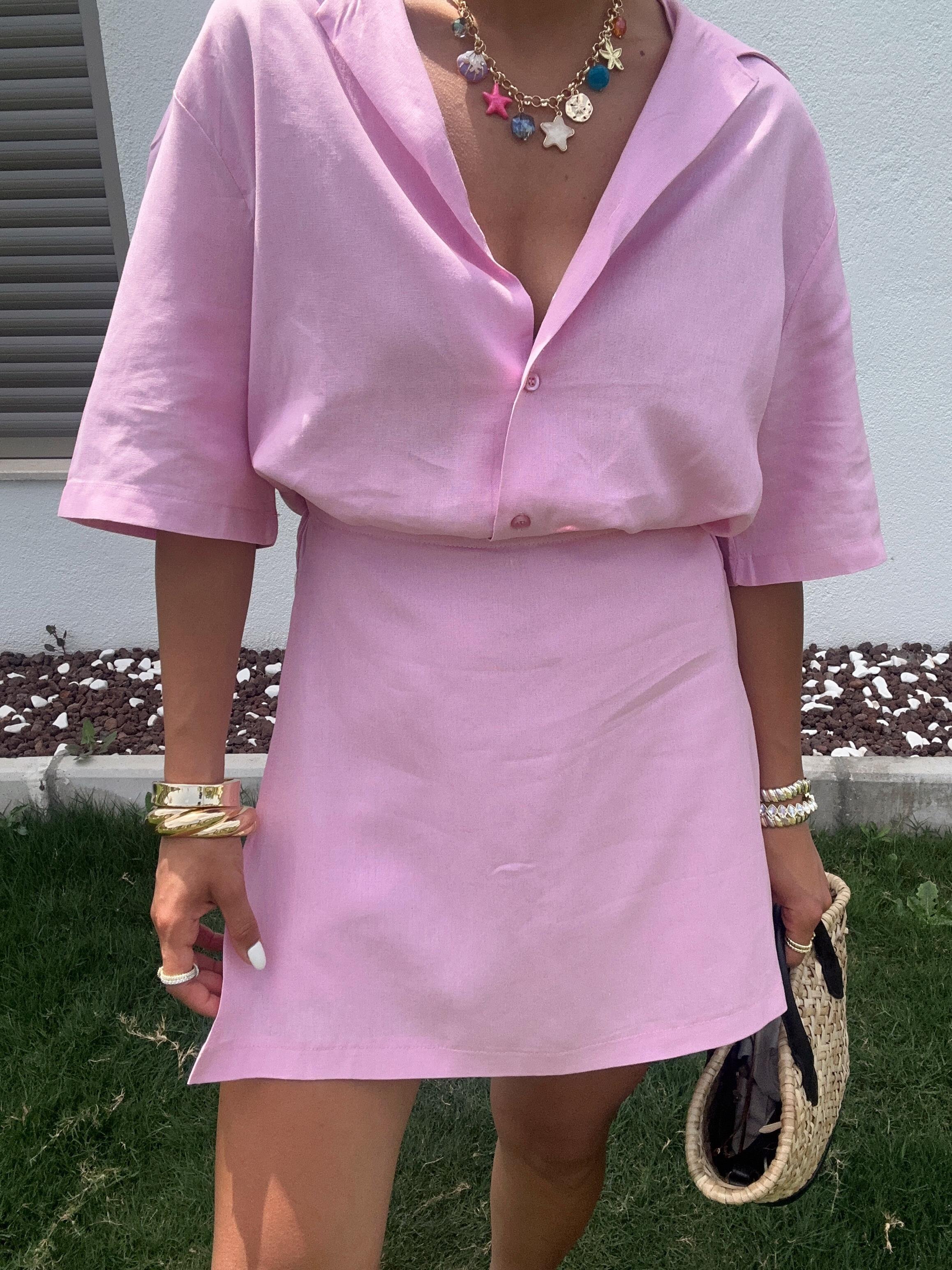 M-D Pembe Kısa Kollu Gömlek Şort Takım