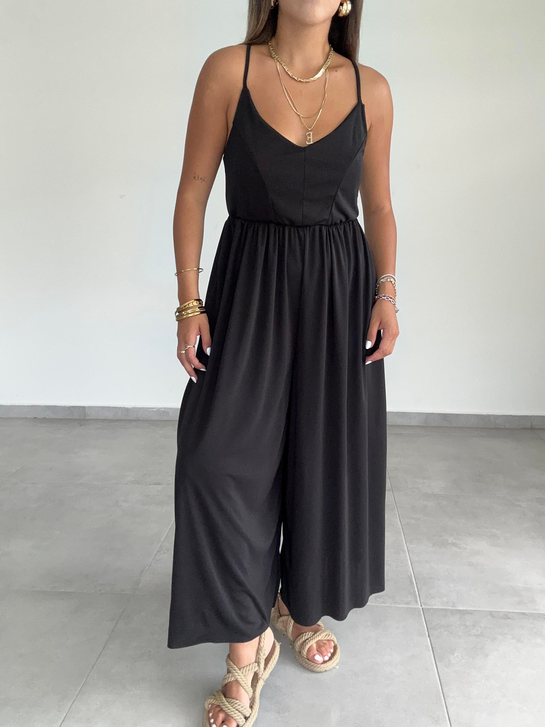 Maria Siyah Çapraz Askılı Tulum